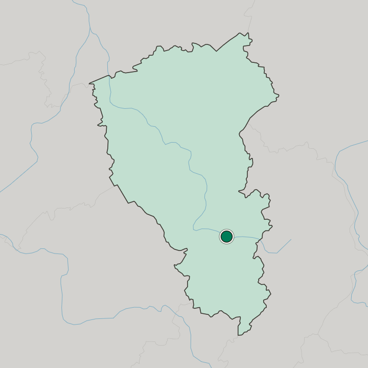 Map showing Mezhdurechensk — In Kemerovo Oblast
