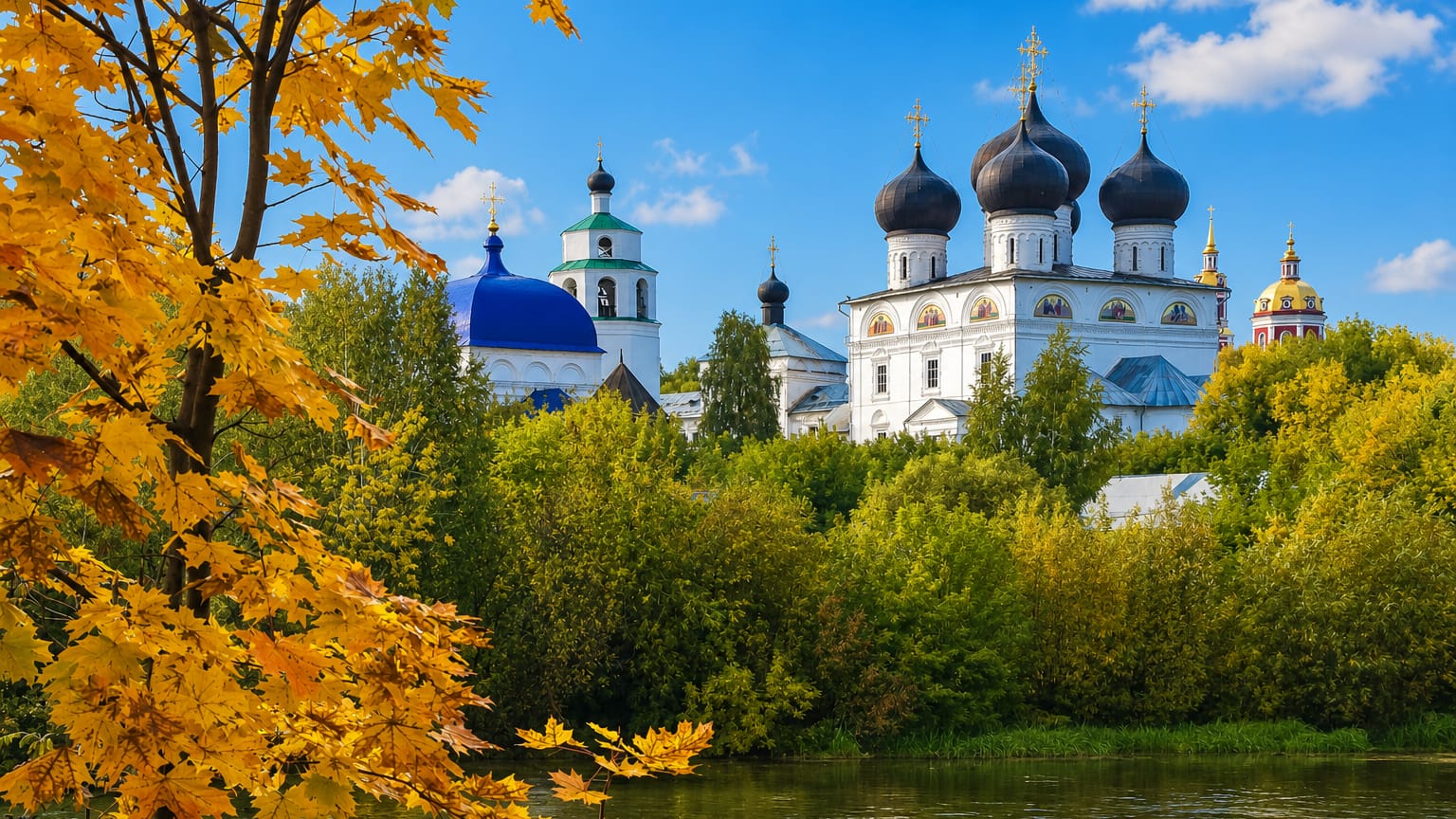 Kirov's white Trifonov Monastery with black onion domes across the river, framed by golden autumn foliage.