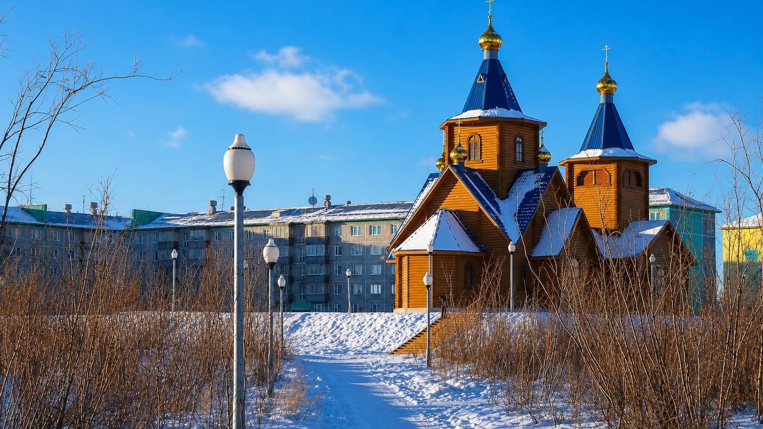 Wooden Orthodox church with blue and gold domes in snowy Vorkuta, Russia, with Soviet-era apartment blocks behind.