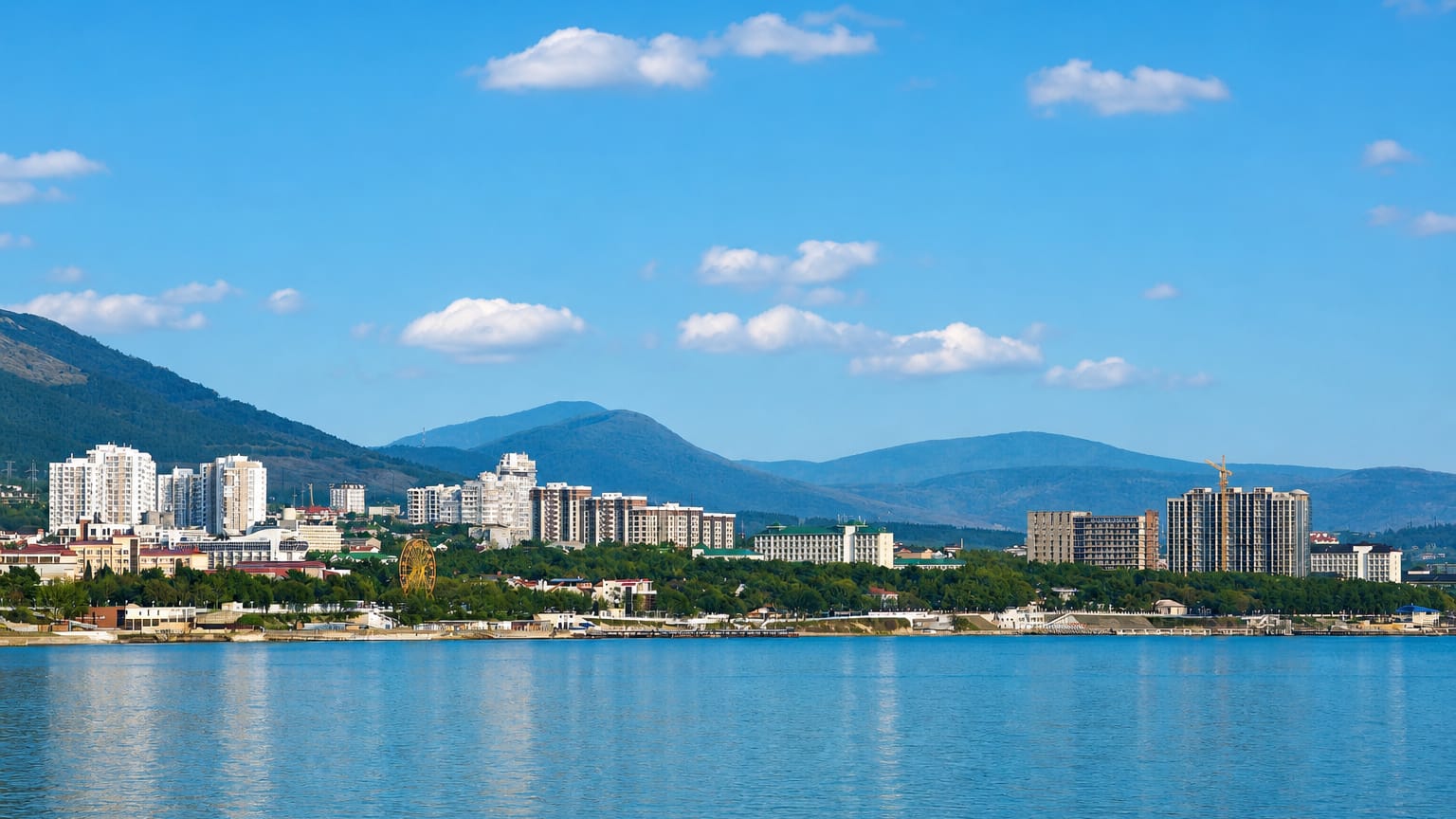 Gelendzhik's resort skyline along its bay, backed by the Markotkh mountains under a clear blue sky.