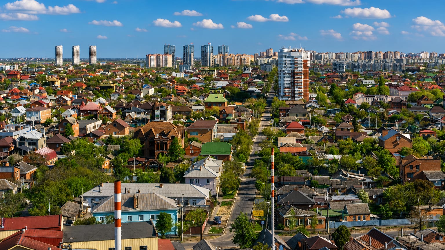 Krasnodar's residential districts with red-tiled roofs, tree-lined avenues and distant high-rise towers.
