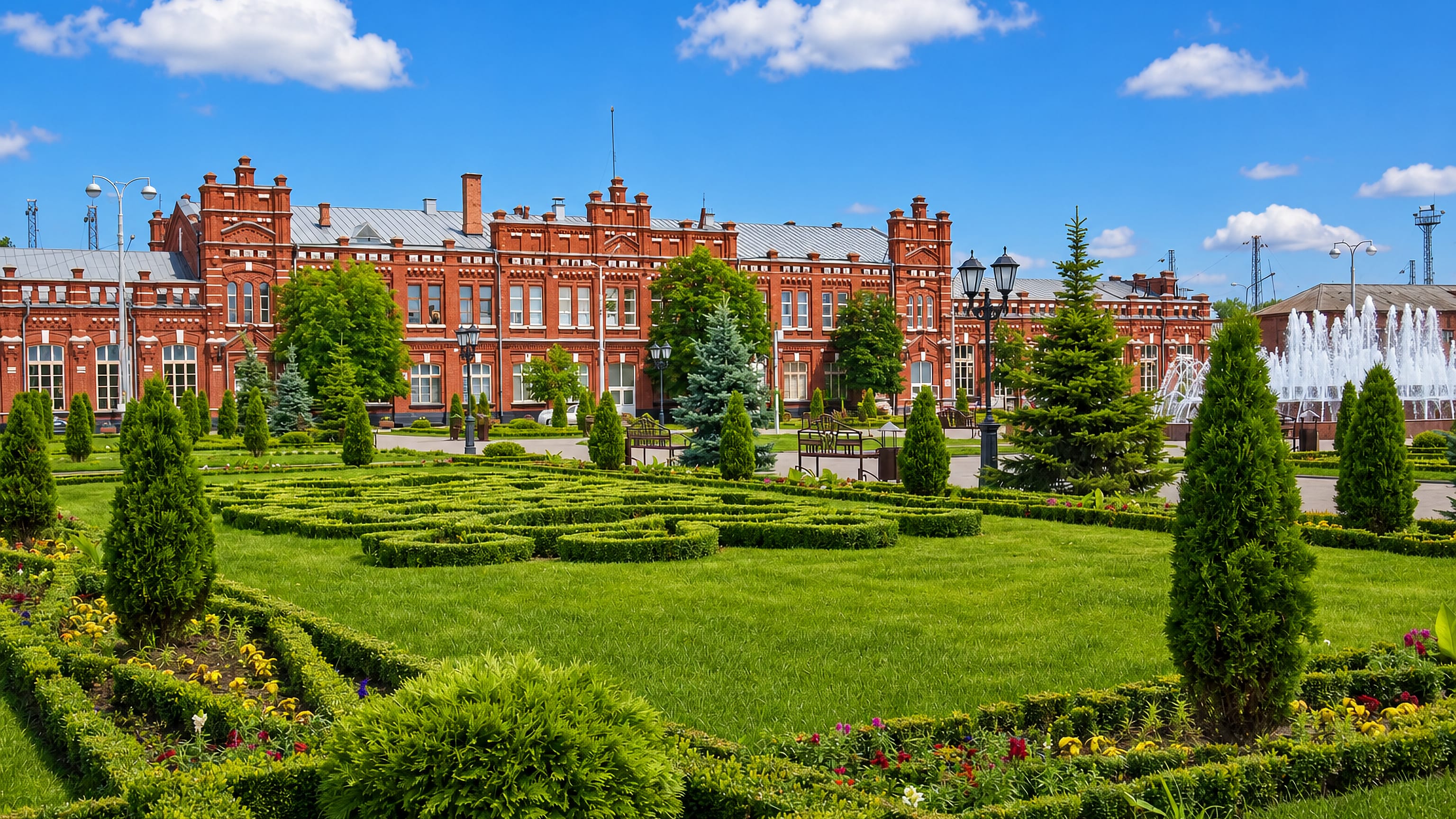 Ornate red-brick 19th-century building with clipped parterre gardens and a fountain in Kropotkin, southern Russia.