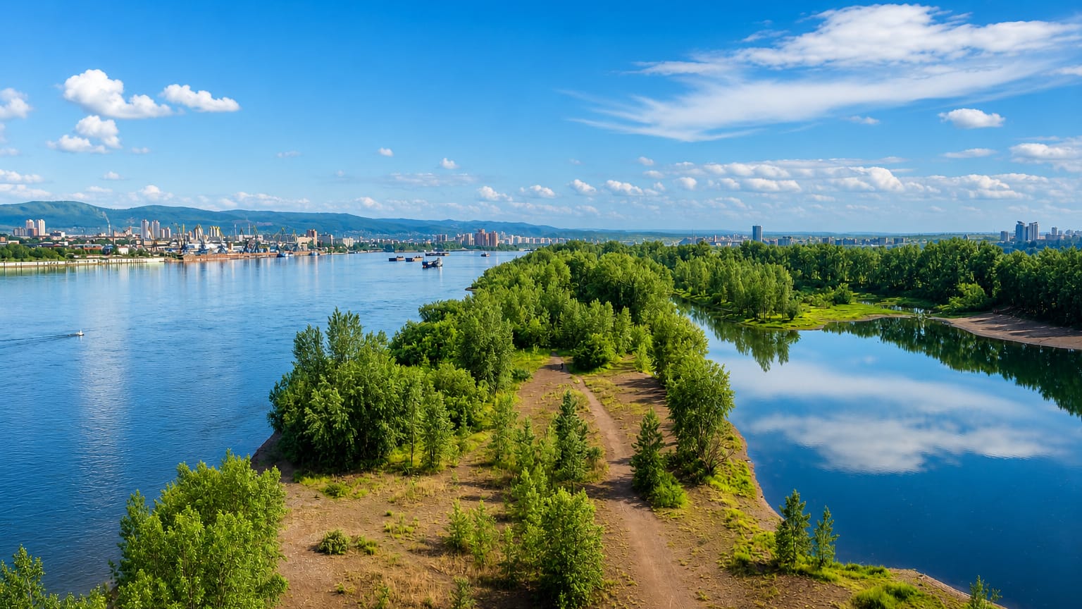 Krasnoyarsk seen across the Yenisei river and a wooded island, with the city and hills on the far bank