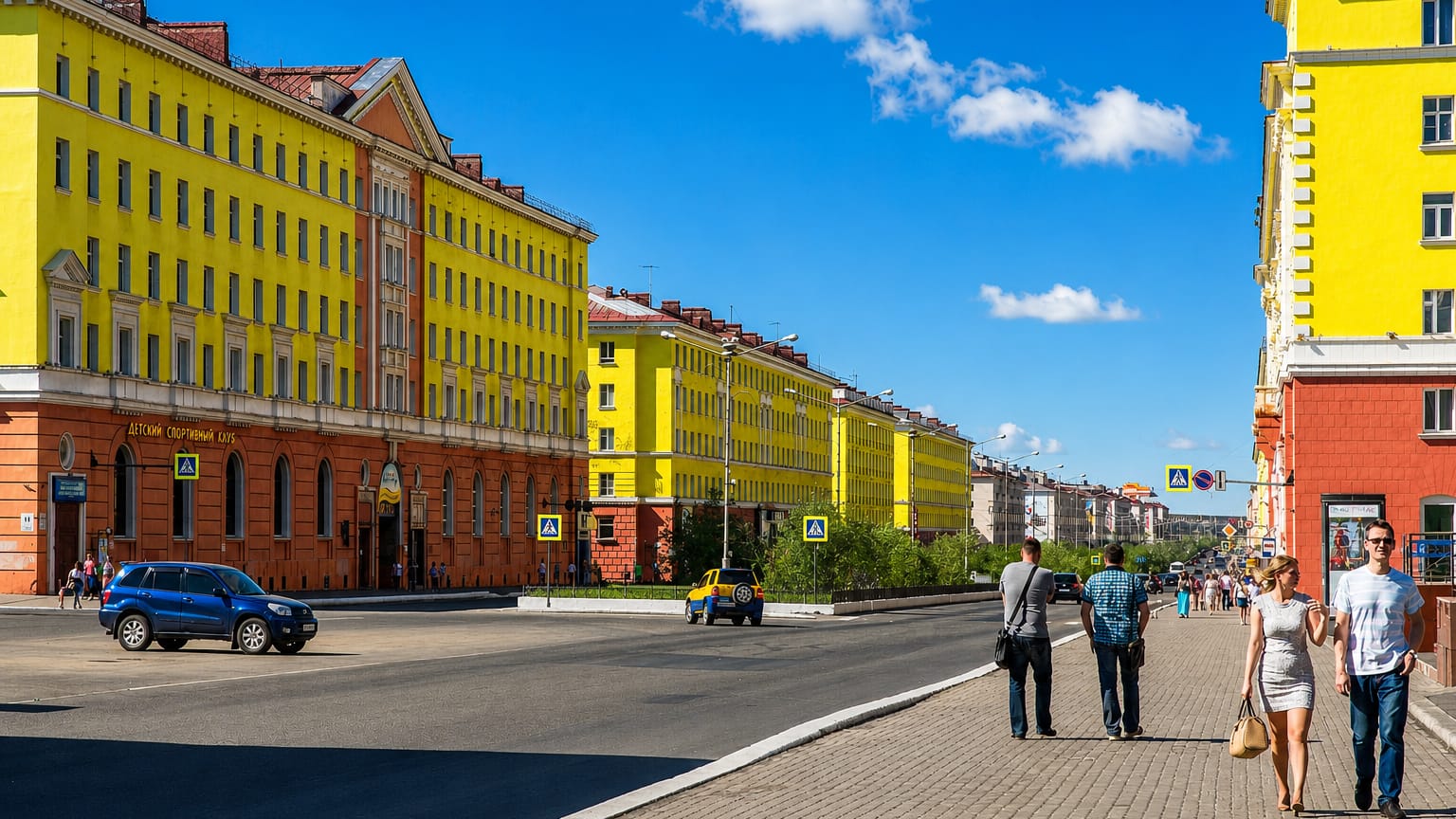 A street in Norilsk lined with colourful Stalinist-era apartment blocks under a blue sky.