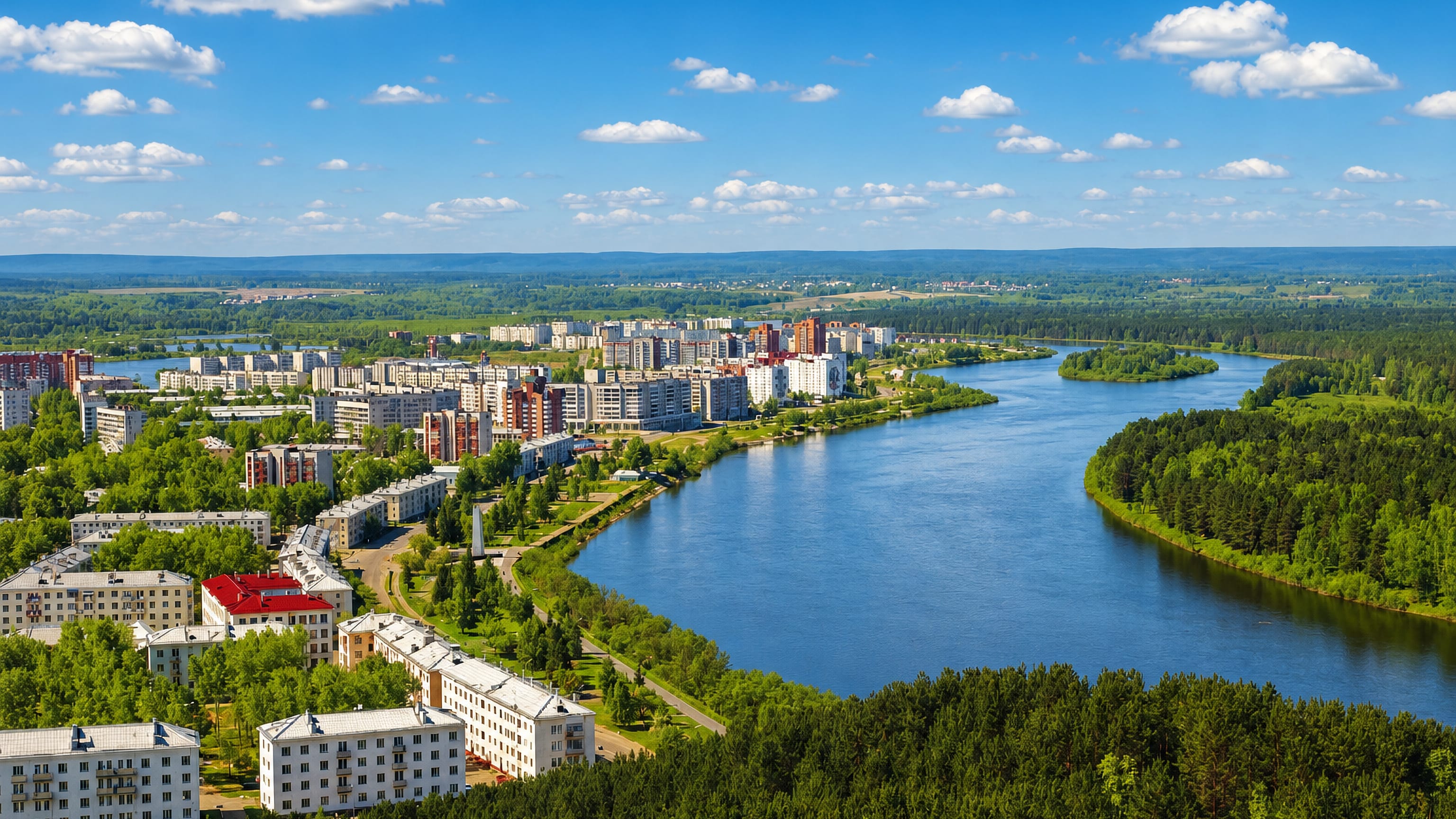 Zelenogorsk, Russia, its apartment blocks lining the Kan River amid dense green taiga forest.