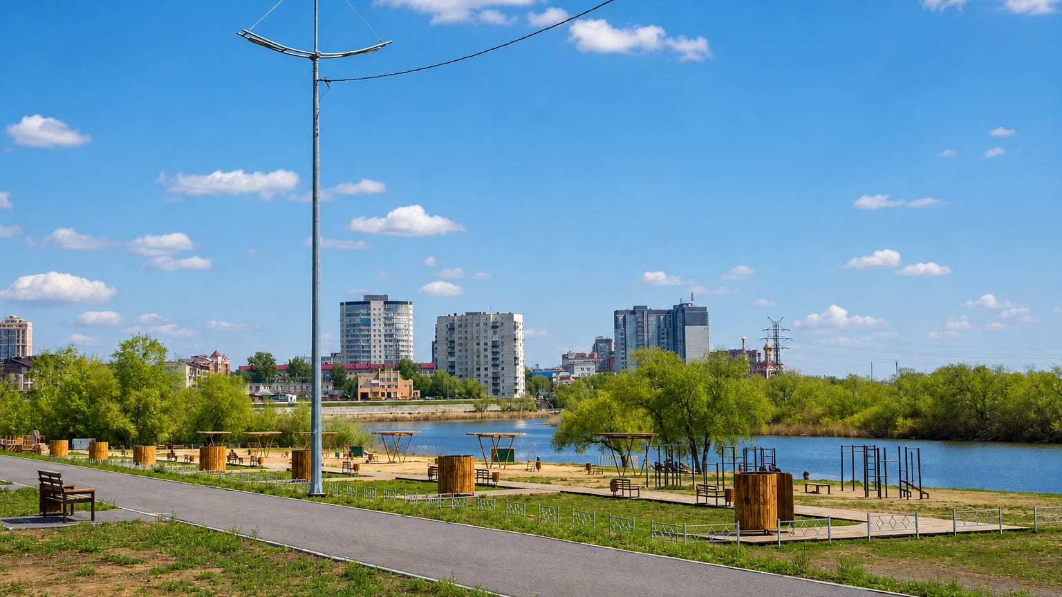 A riverside park with exercise equipment and apartment blocks across the water in Kurgan, Russia.