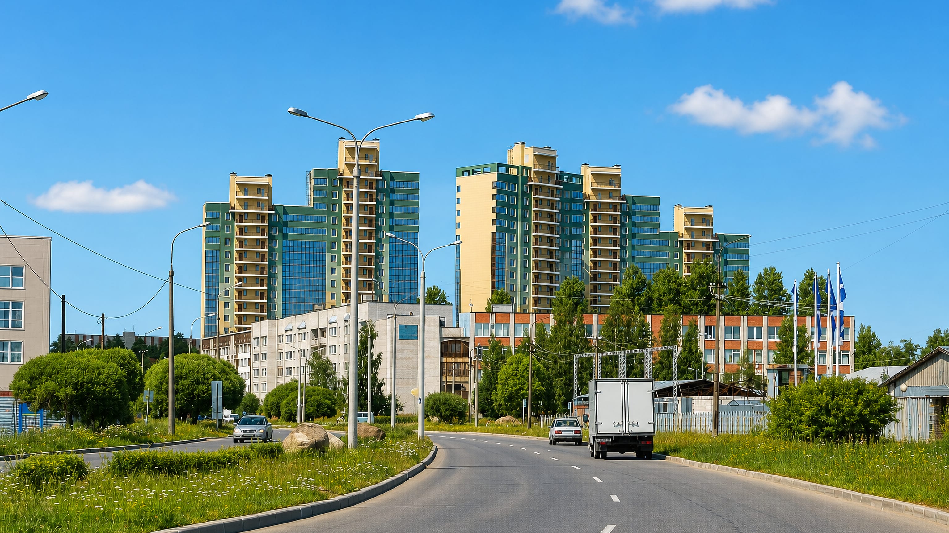 Sosnovyy Bor, Russia: new mid-rise apartment towers above a wide roadside verge on the approach into town.