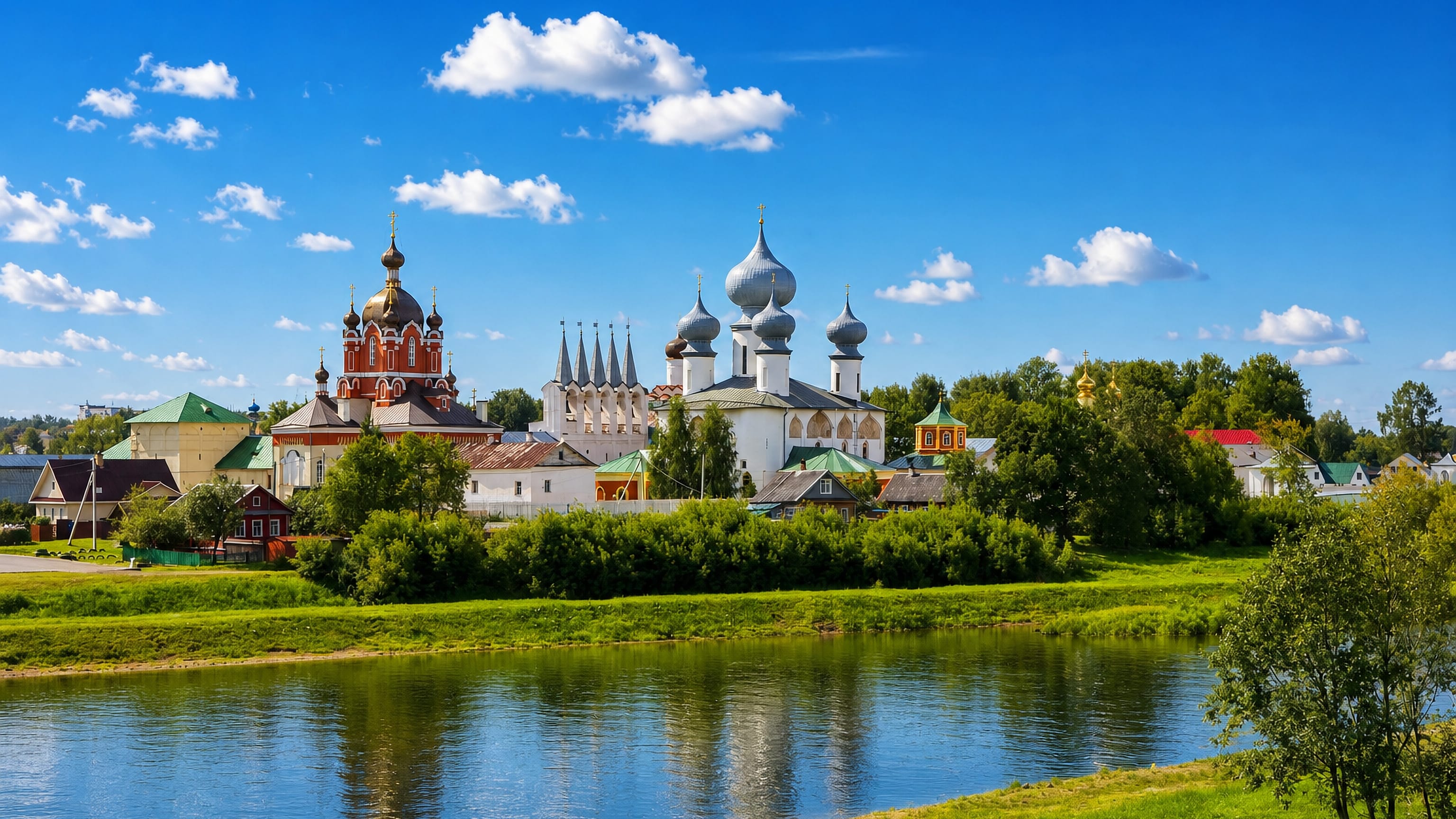 Silver onion domes of the Tikhvin Assumption Monastery reflected in the Tikhvinka river on a summer day.