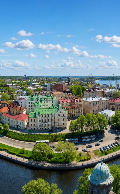 Aerial view of Vyborg, Russia, its colourful old town on a peninsula between bay waters