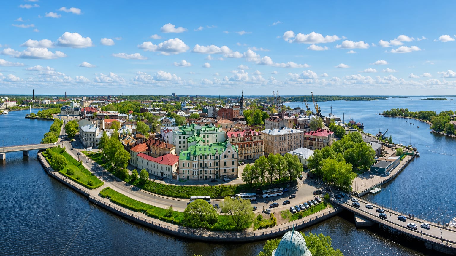 Aerial view of Vyborg, Russia, its colourful old town on a peninsula between bay waters