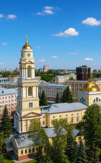 Aerial view of Lipetsk's yellow Nativity Cathedral with its tall bell tower and golden dome amid the city centre.
