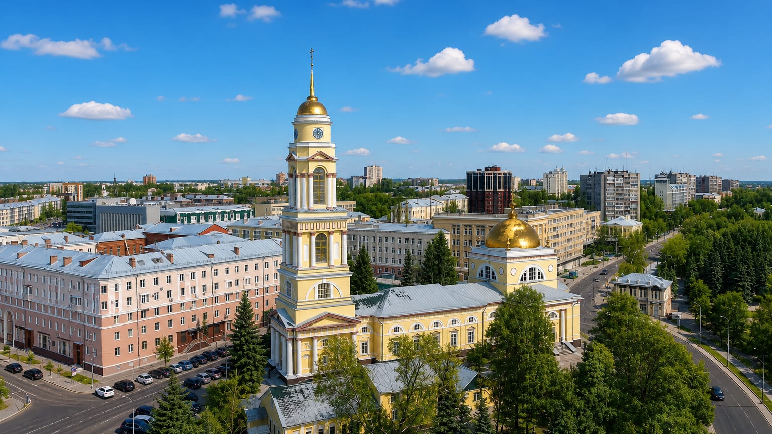 Aerial view of Lipetsk's yellow Nativity Cathedral with its tall bell tower and golden dome amid the city centre.