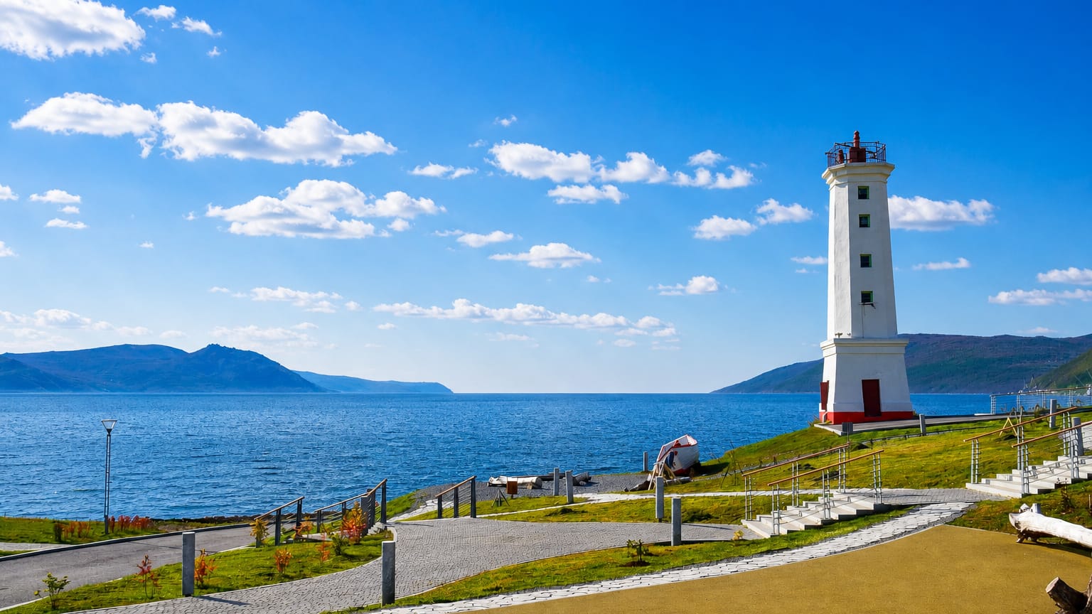 White red-trimmed lighthouse on a grassy bluff above a calm bay and distant hills in Magadan, Russia.