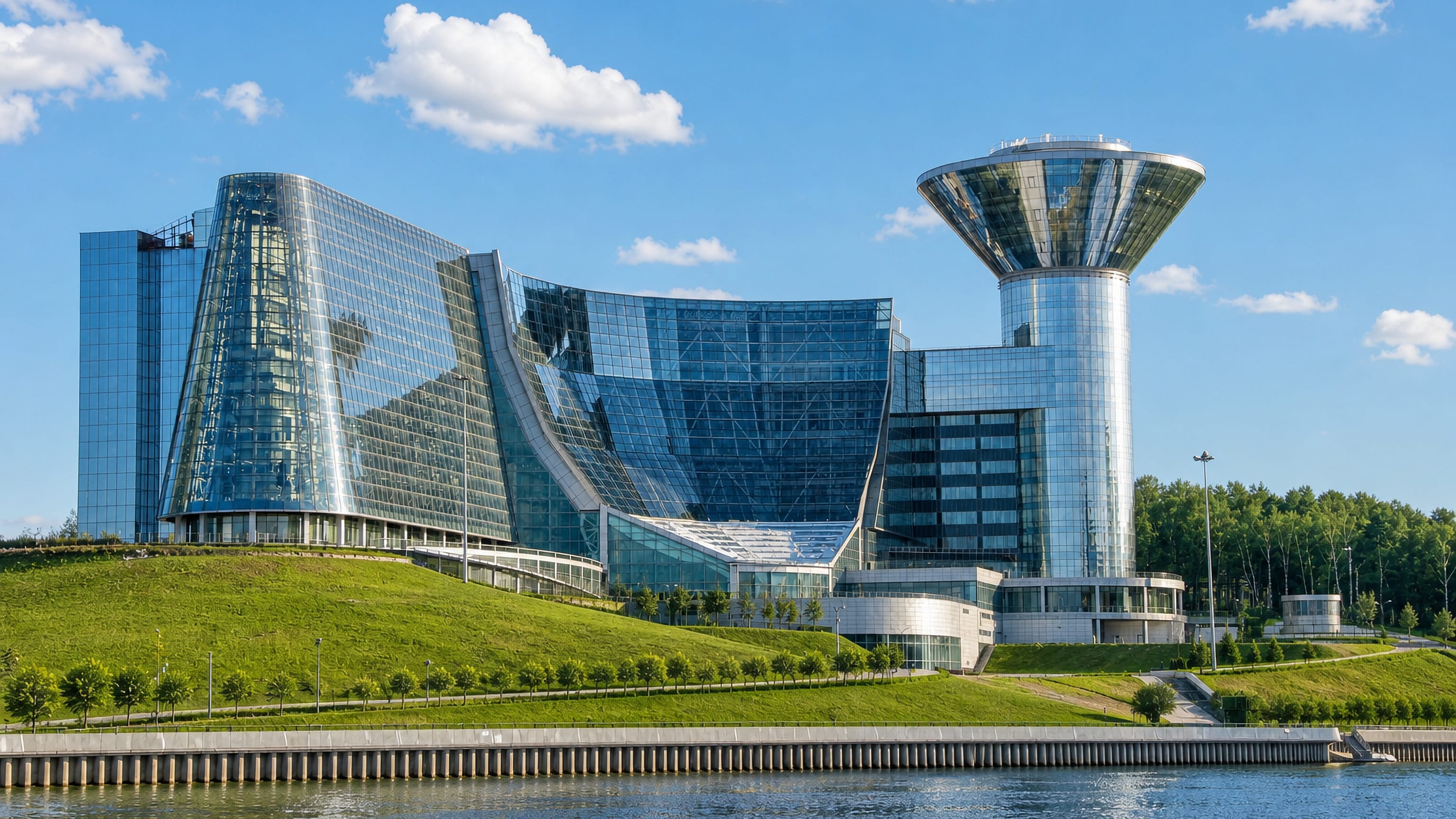 The mirrored Moscow Oblast Government House in Krasnogorsk, with its cone-shaped tower, above the Moskva River