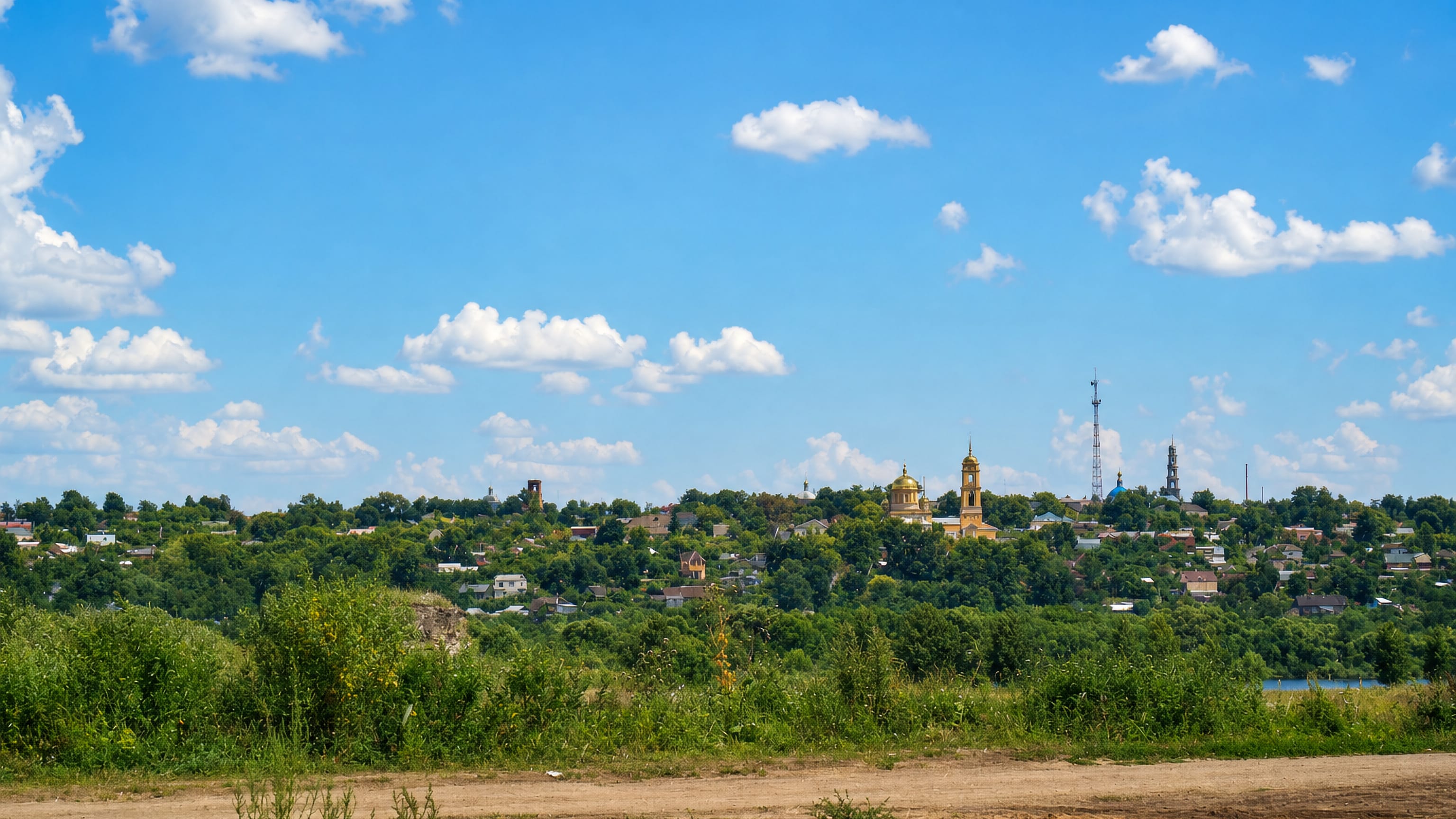 Stupino, Russia, golden church domes rising above trees and low rooftops across summer fields.