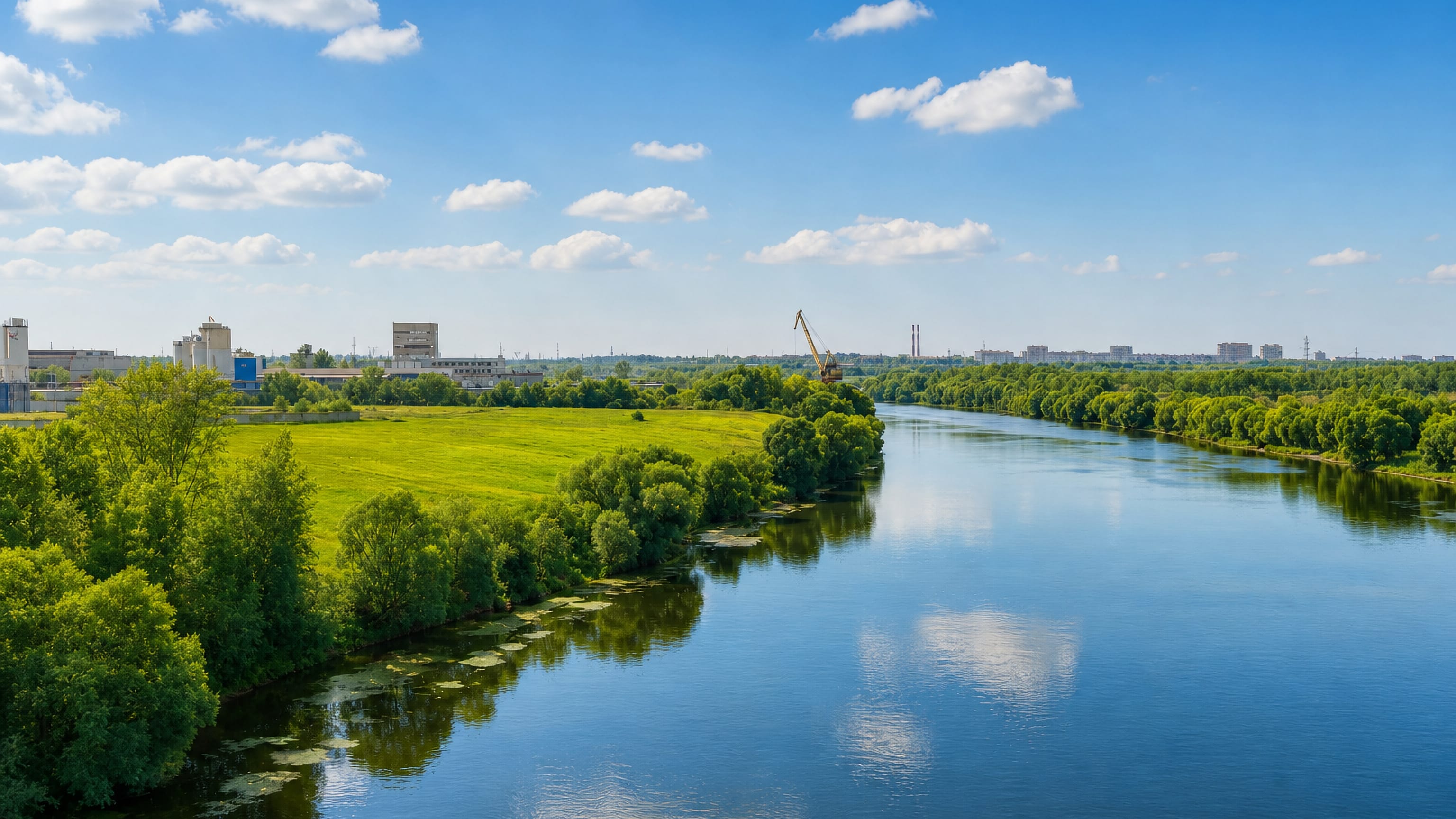 The Moskva River curving past green banks and the industrial skyline of Voskresensk, Moscow Oblast.