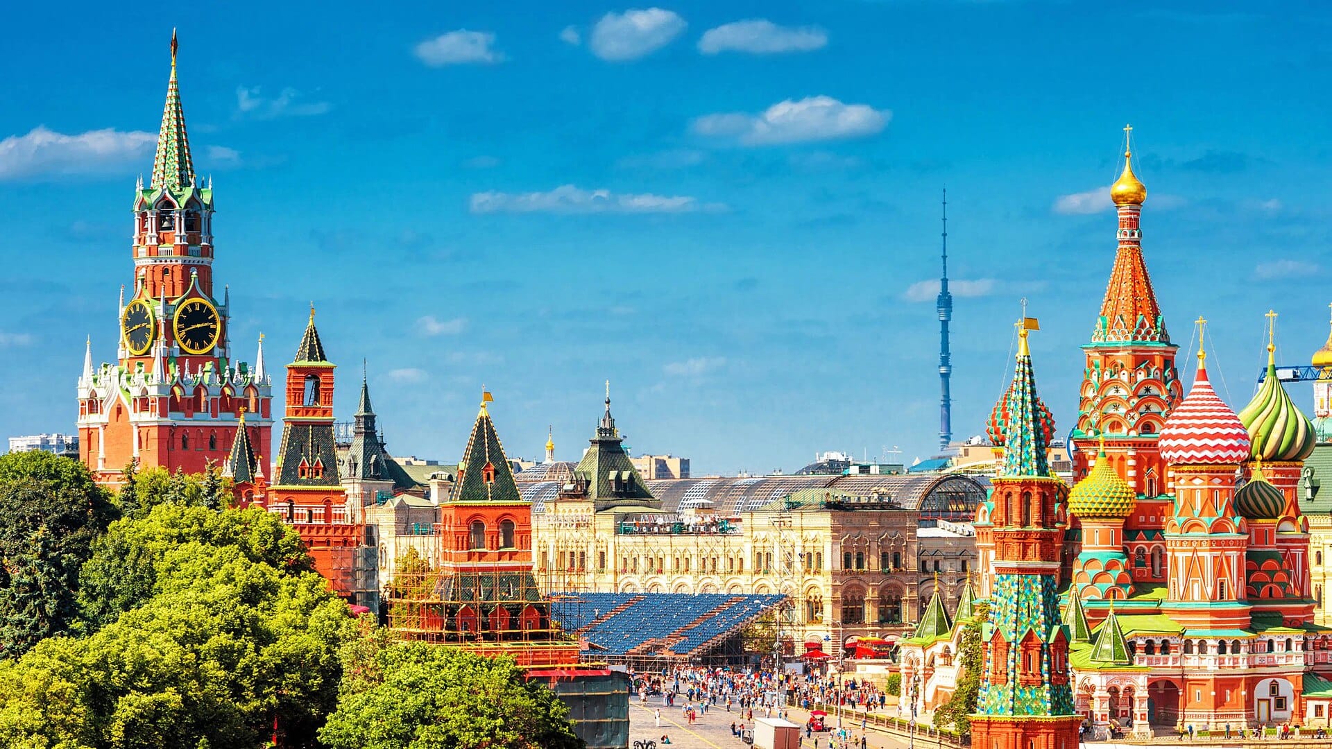 Red Square in Moscow, with the Spasskaya Tower, the GUM facade and the domes of St Basil's Cathedral.