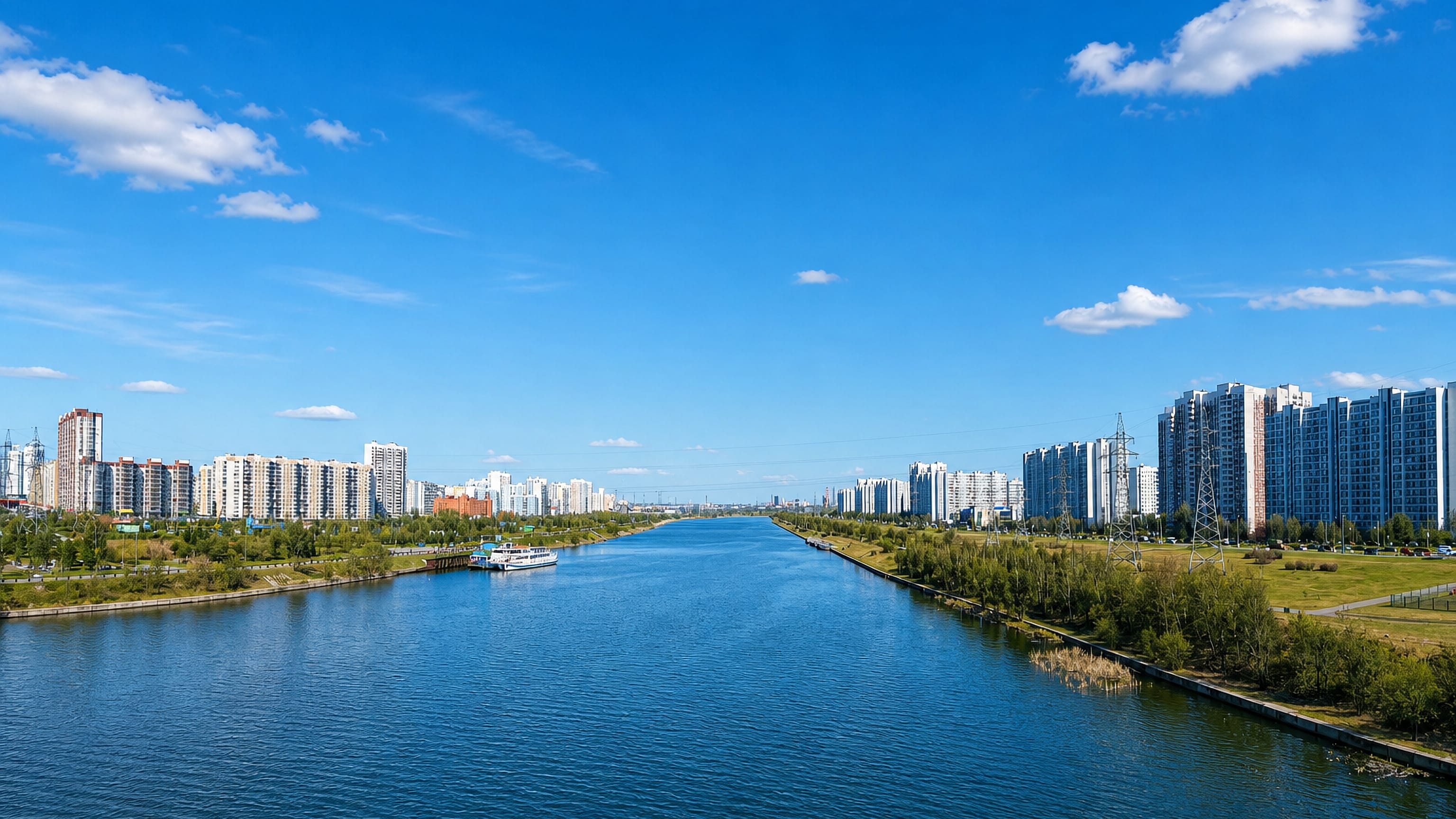 Wide Moskva River channel lined with modern residential high-rise blocks in Mar'ino, Moscow, under a blue sky.