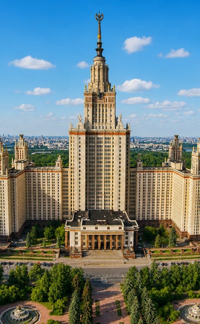 The Stalinist tower of Moscow State University with the Moscow City skyscrapers in the distance, in Ramenki.