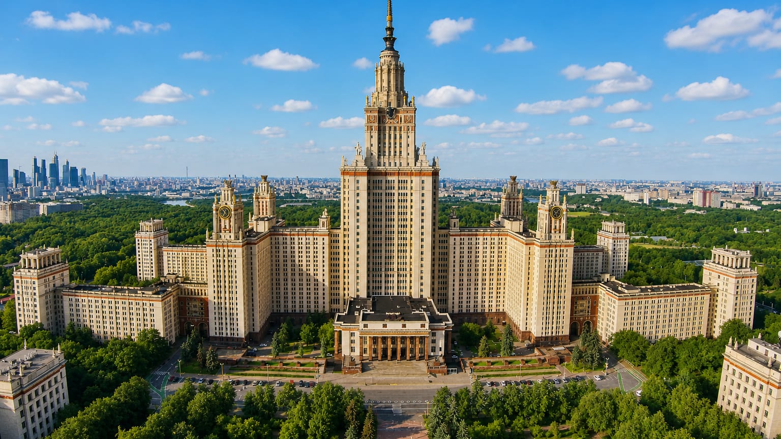 The Stalinist tower of Moscow State University with the Moscow City skyscrapers in the distance, in Ramenki.