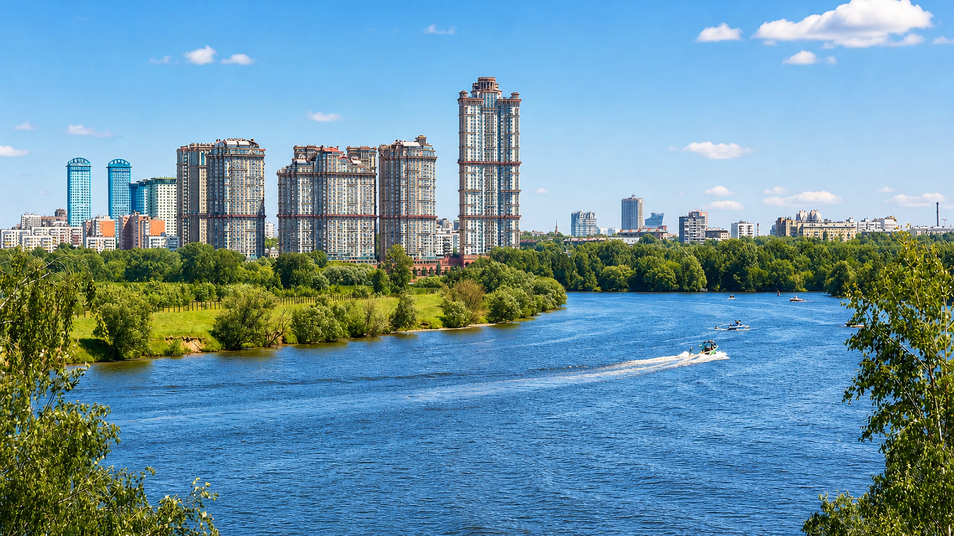 Shchukino, Moscow: the Alye Parusa residential towers rising over the wooded bank of the Moskva River