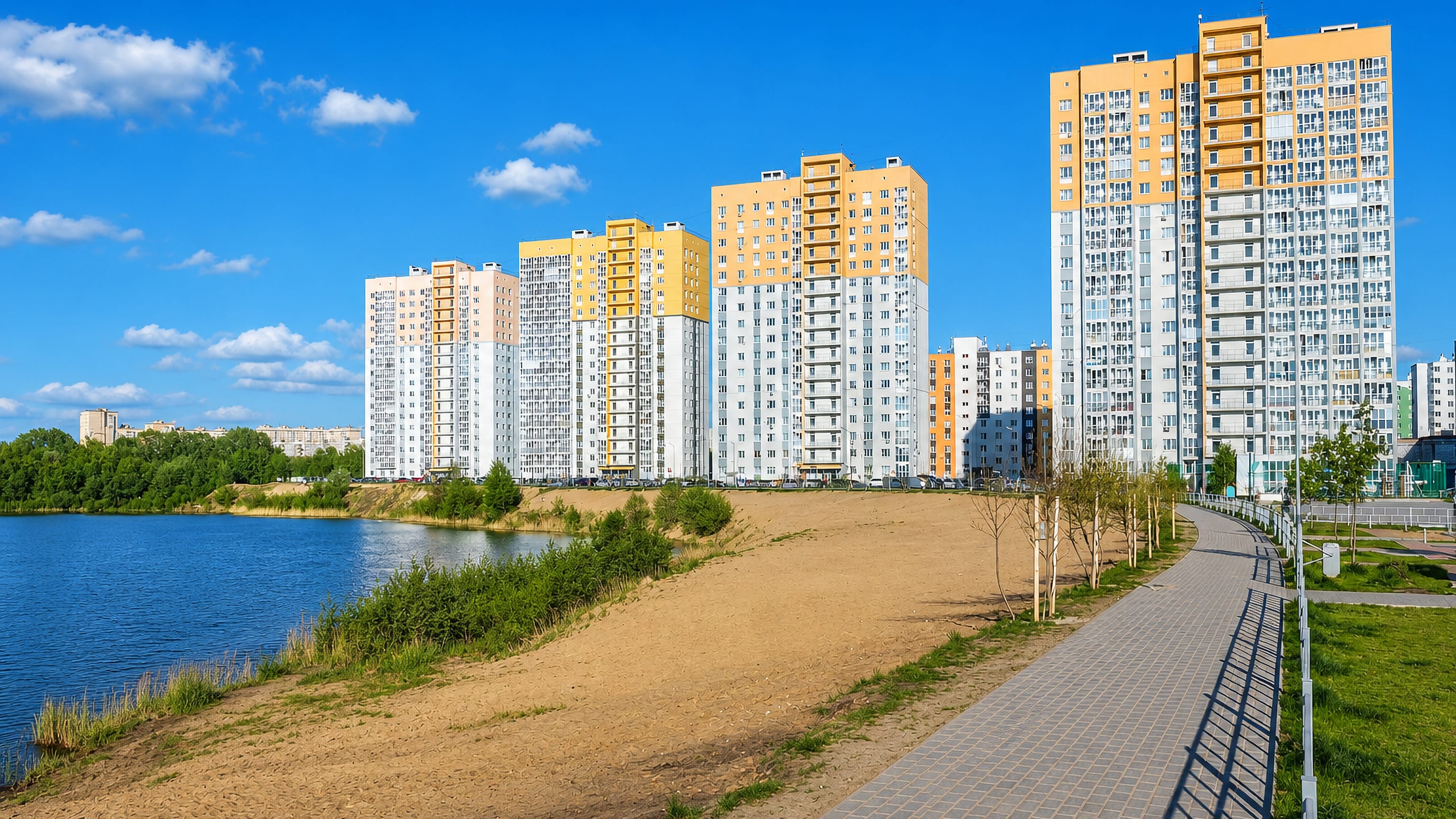 Riverside path and new high-rise apartment blocks in the Moskovsky district of Nizhny Novgorod.