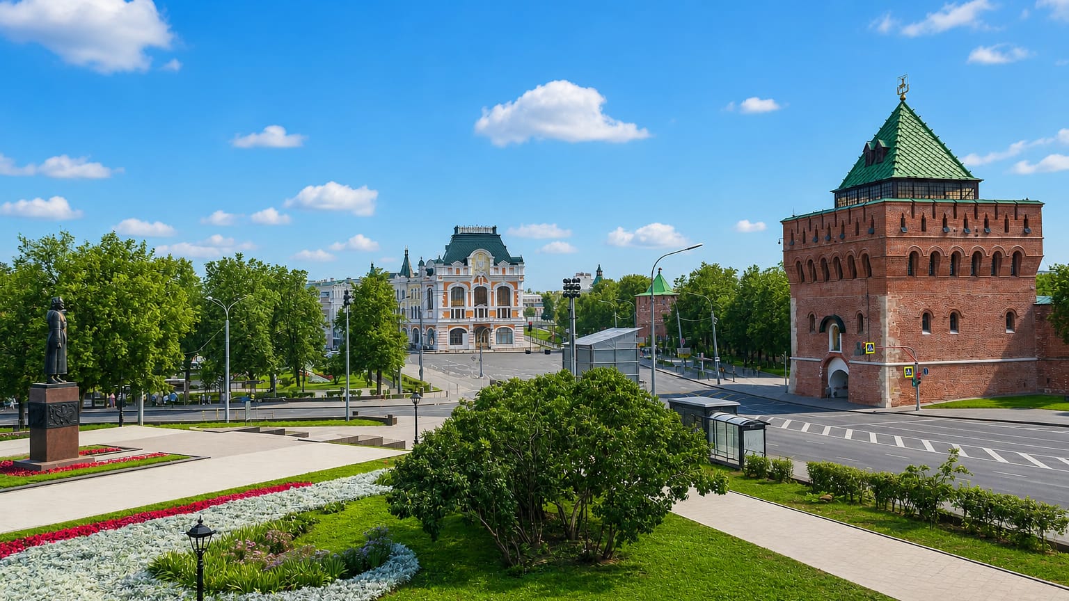 Minin Square in Nizhny Novgorod's Nizhegorodsky district with the Kremlin's Dmitrievskaya Tower and the historical museum palace