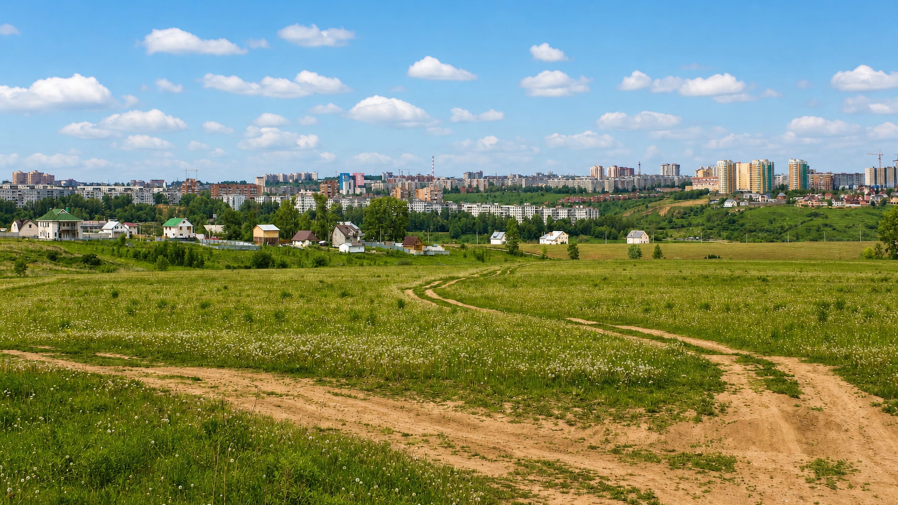 Meadow and dirt tracks on the edge of Prioksky City District, Nizhny Novgorod, with apartment blocks beyond.