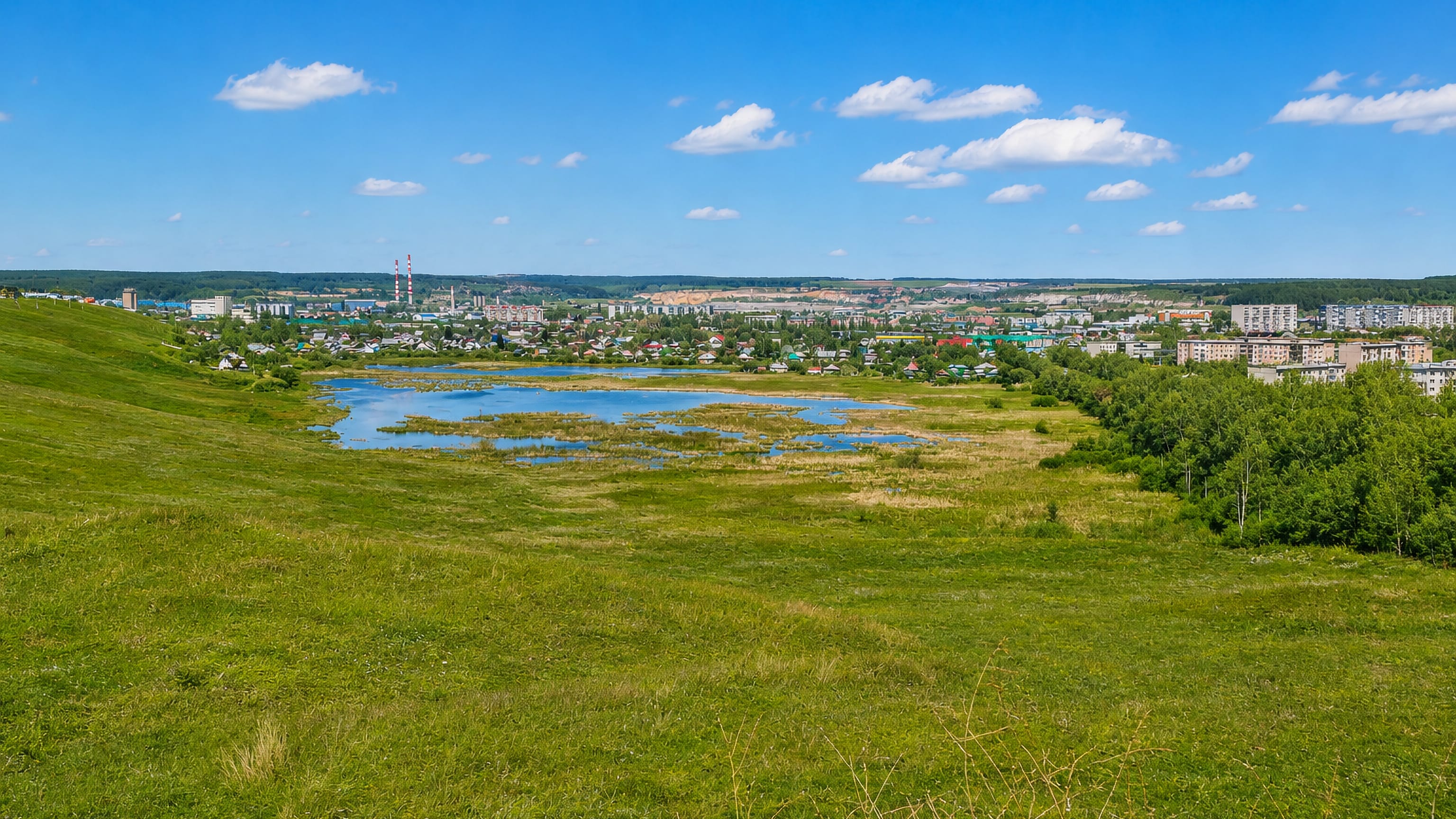 Iskitim, Russia, seen across a grassy meadow and pond, with apartment blocks and cement works chimneys beyond.