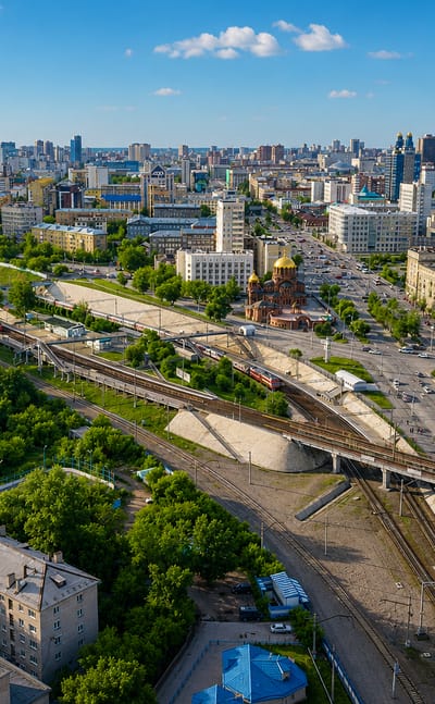 Aerial view of central Novosibirsk with rail lines, a road interchange, a golden-domed church and a dense mid-rise skyline.