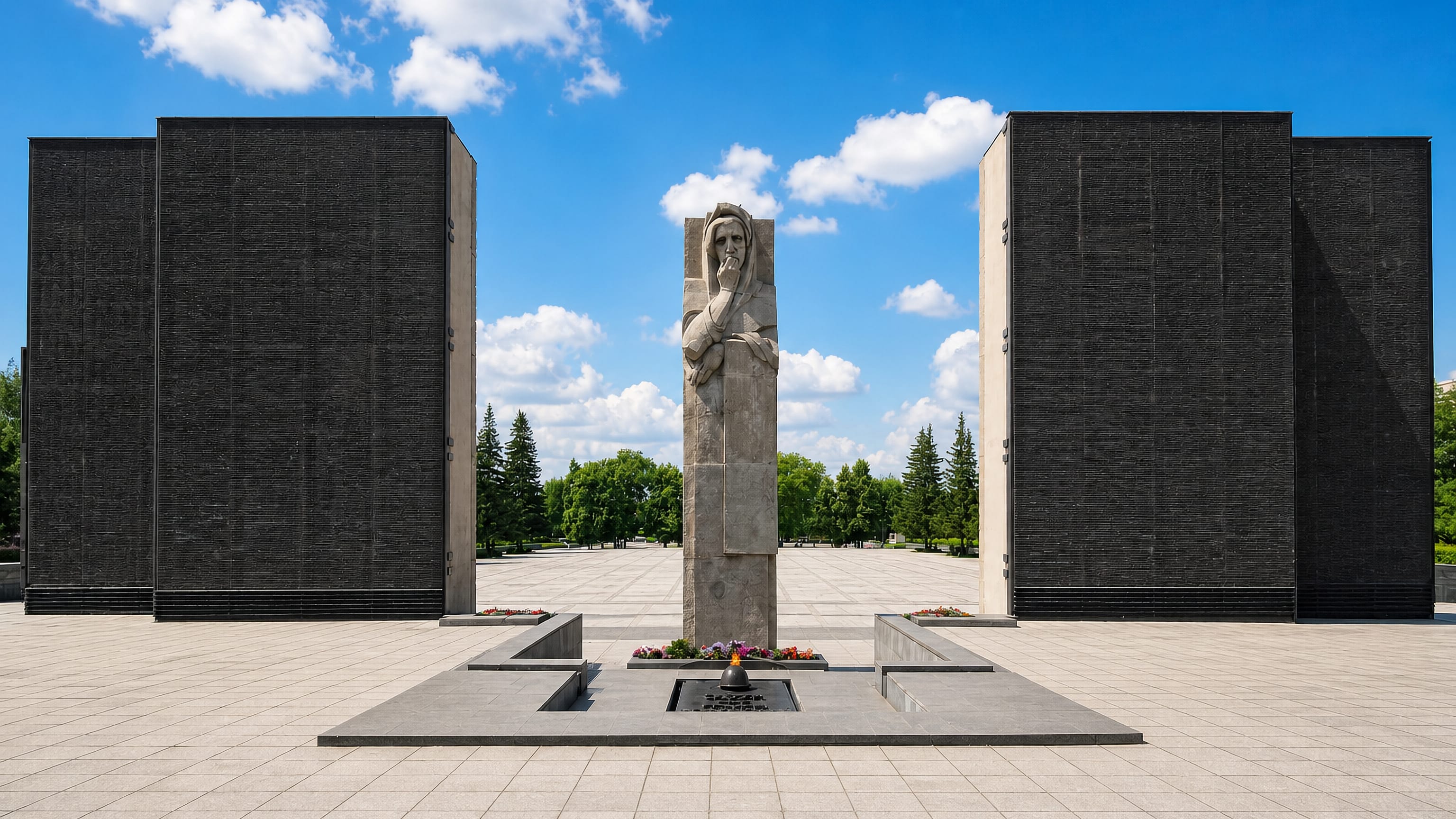 The Monument of Glory memorial with its granite pylons and eternal flame in Leninsky District, Novosibirsk.