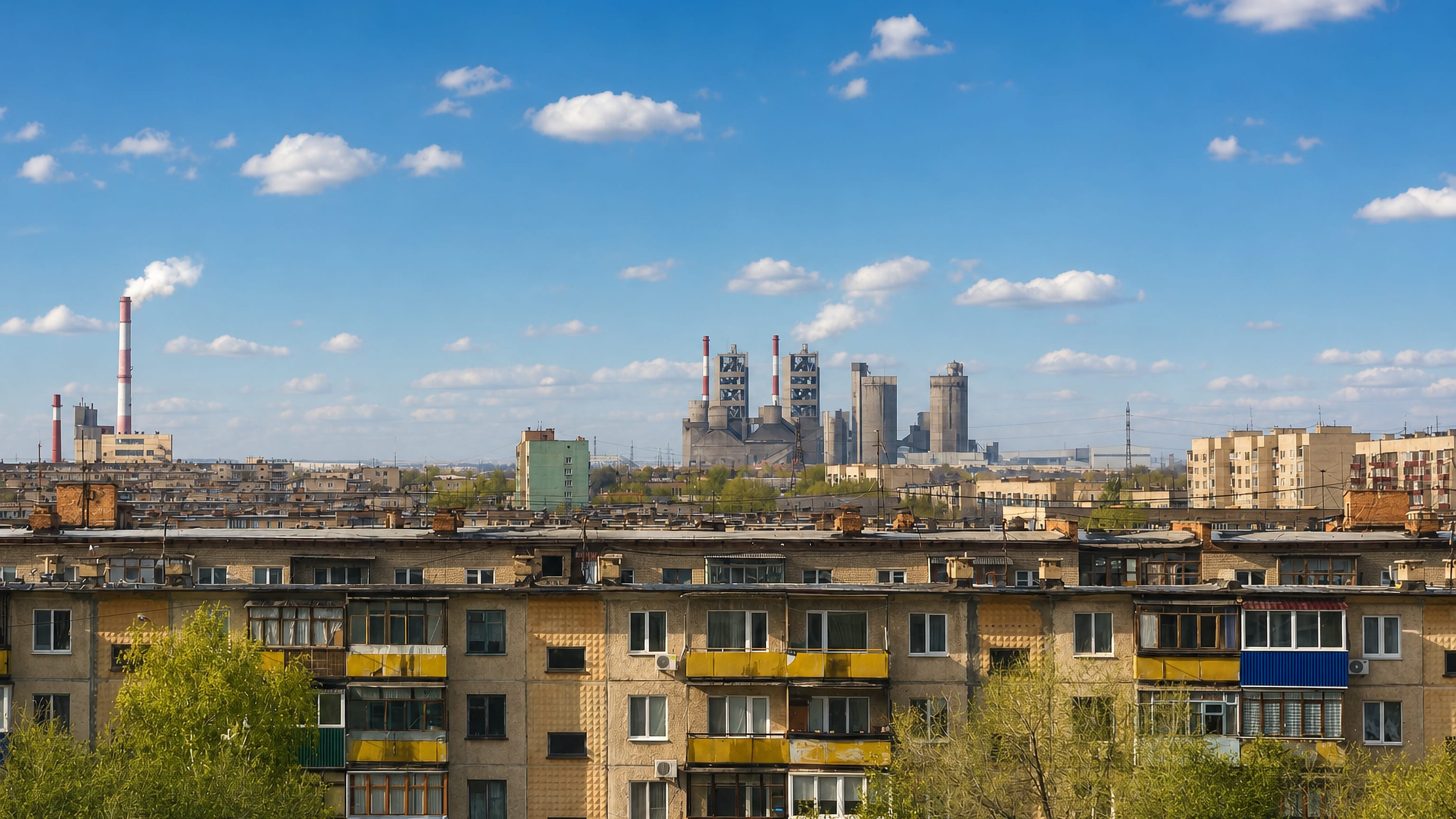 Soviet-era apartment blocks in Novotroitsk with the steelworks and smokestacks rising beyond.