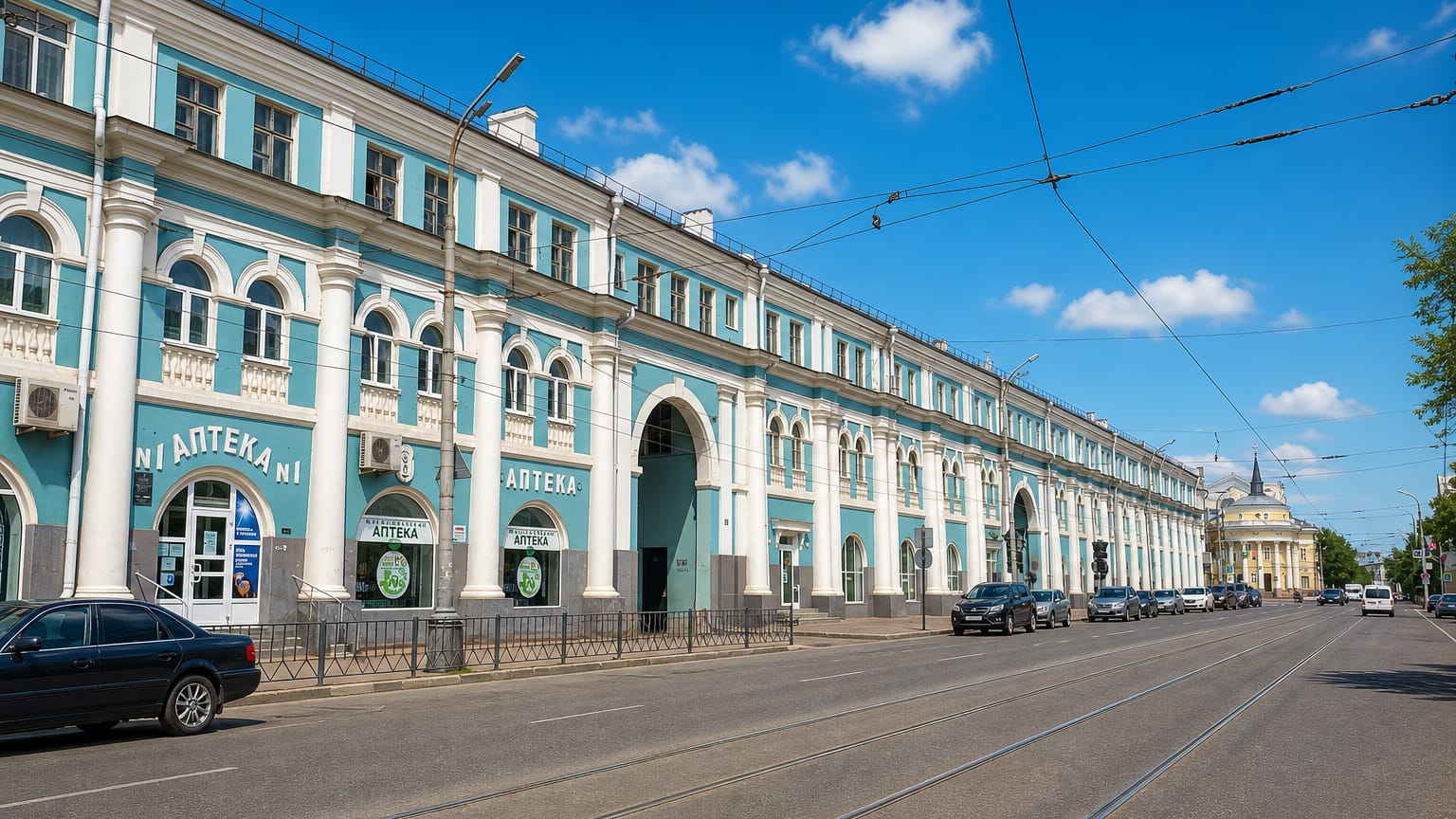 Long teal classical trading row with pharmacy signs along a tram-lined street in Oryol.