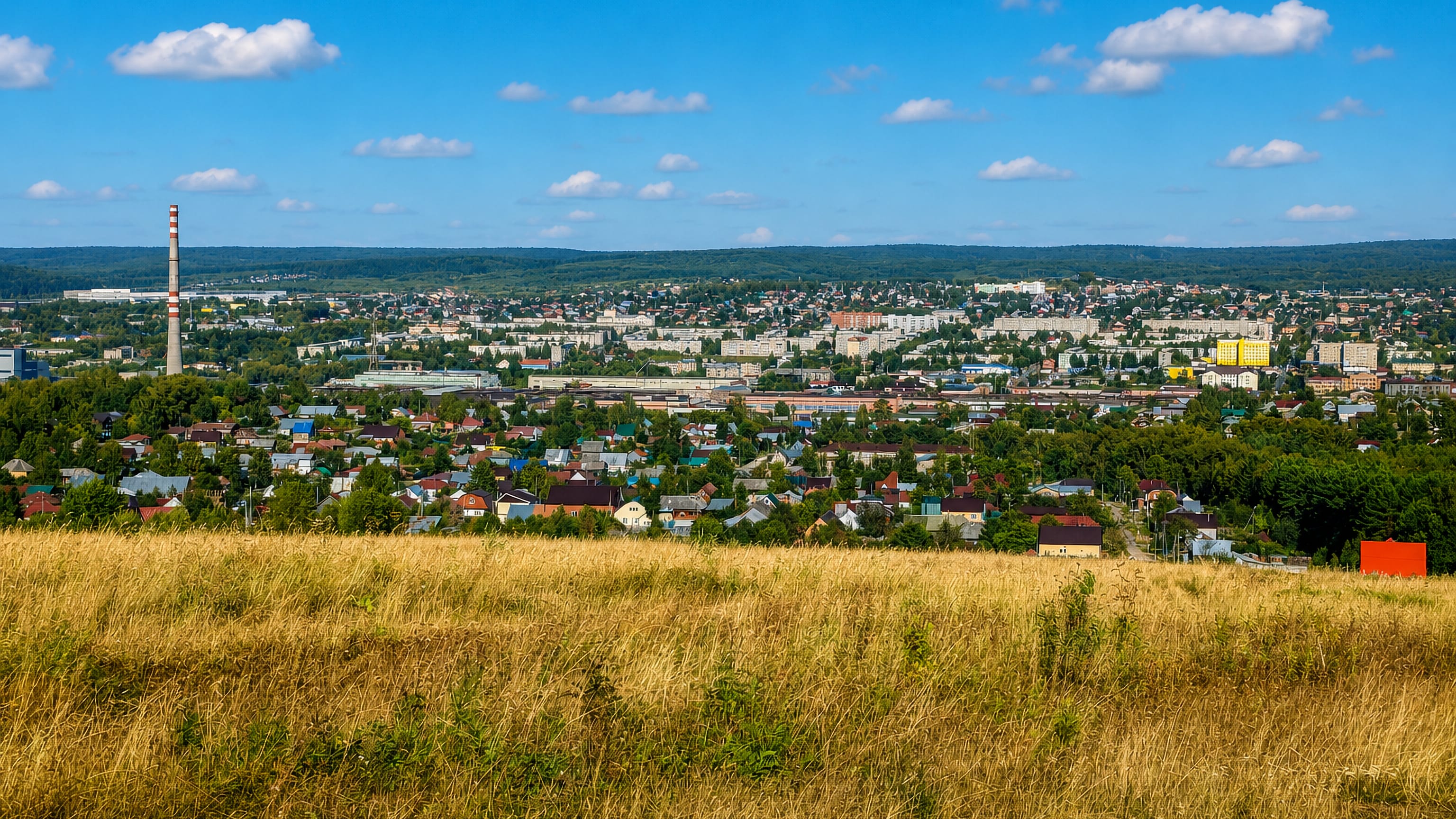 Lys'va, Russia, seen from a grassy hillside: wooden houses, apartment blocks and a striped factory chimney.