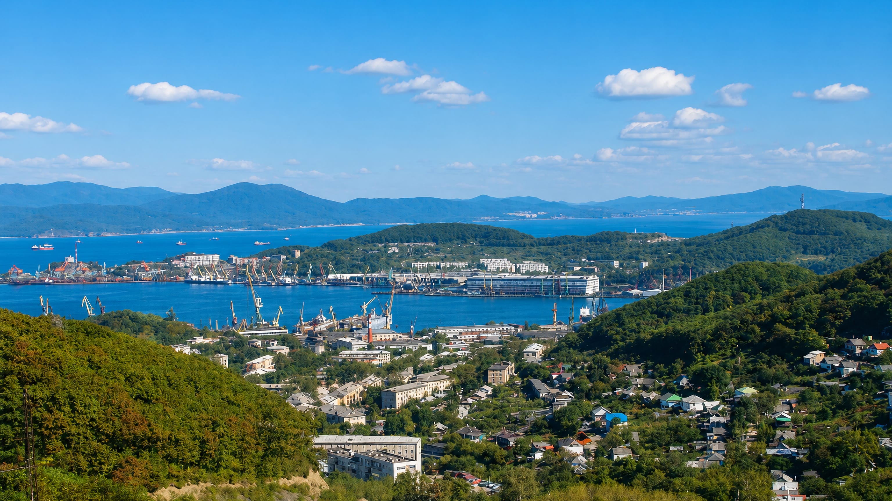 Nakhodka seen from wooded hills, with port cranes and shipyards lining the blue waters of Nakhodka Bay.