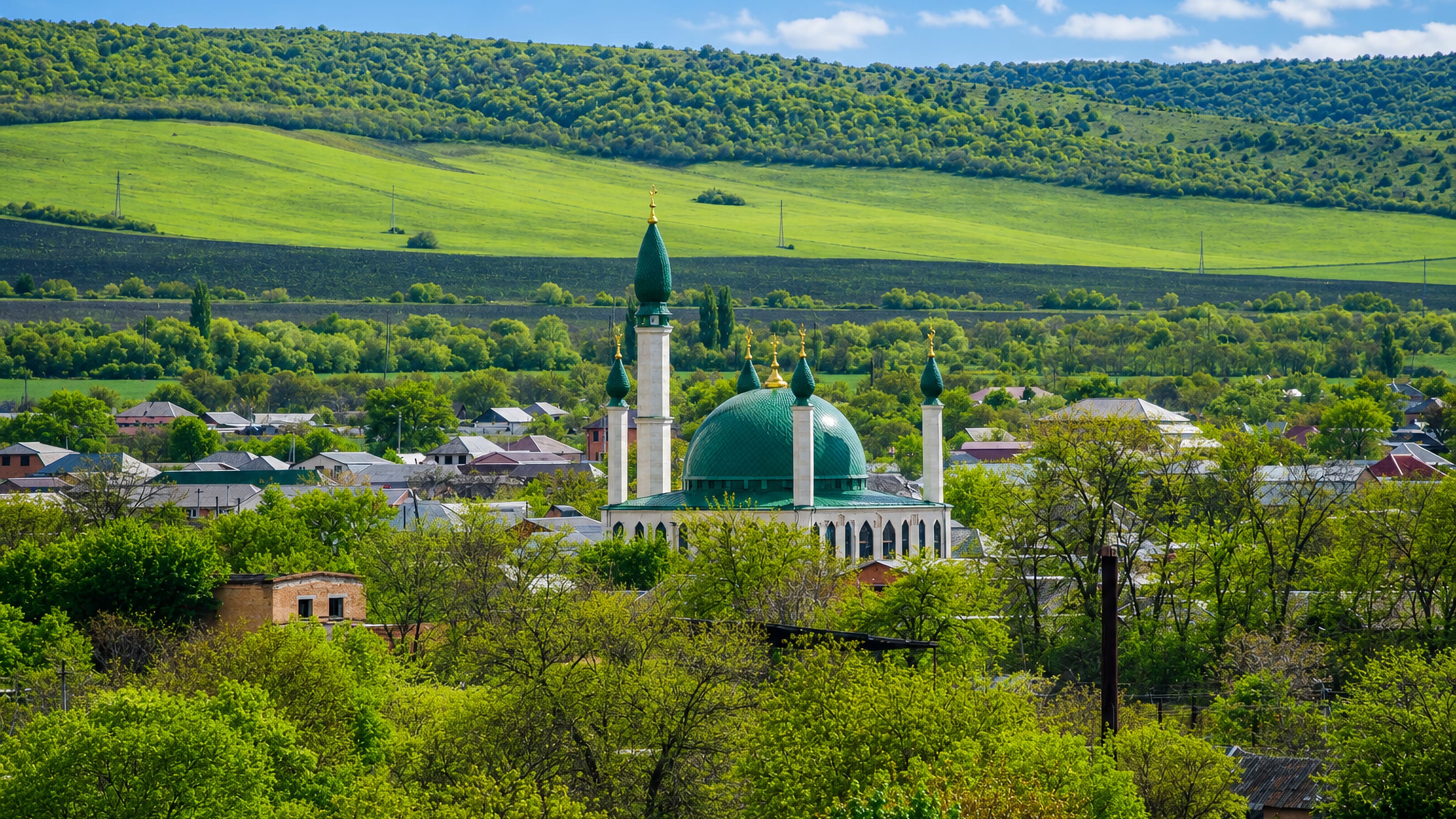 Green-domed mosque with minarets among village rooftops below the Caucasus foothills in Sunzha, Ingushetia.
