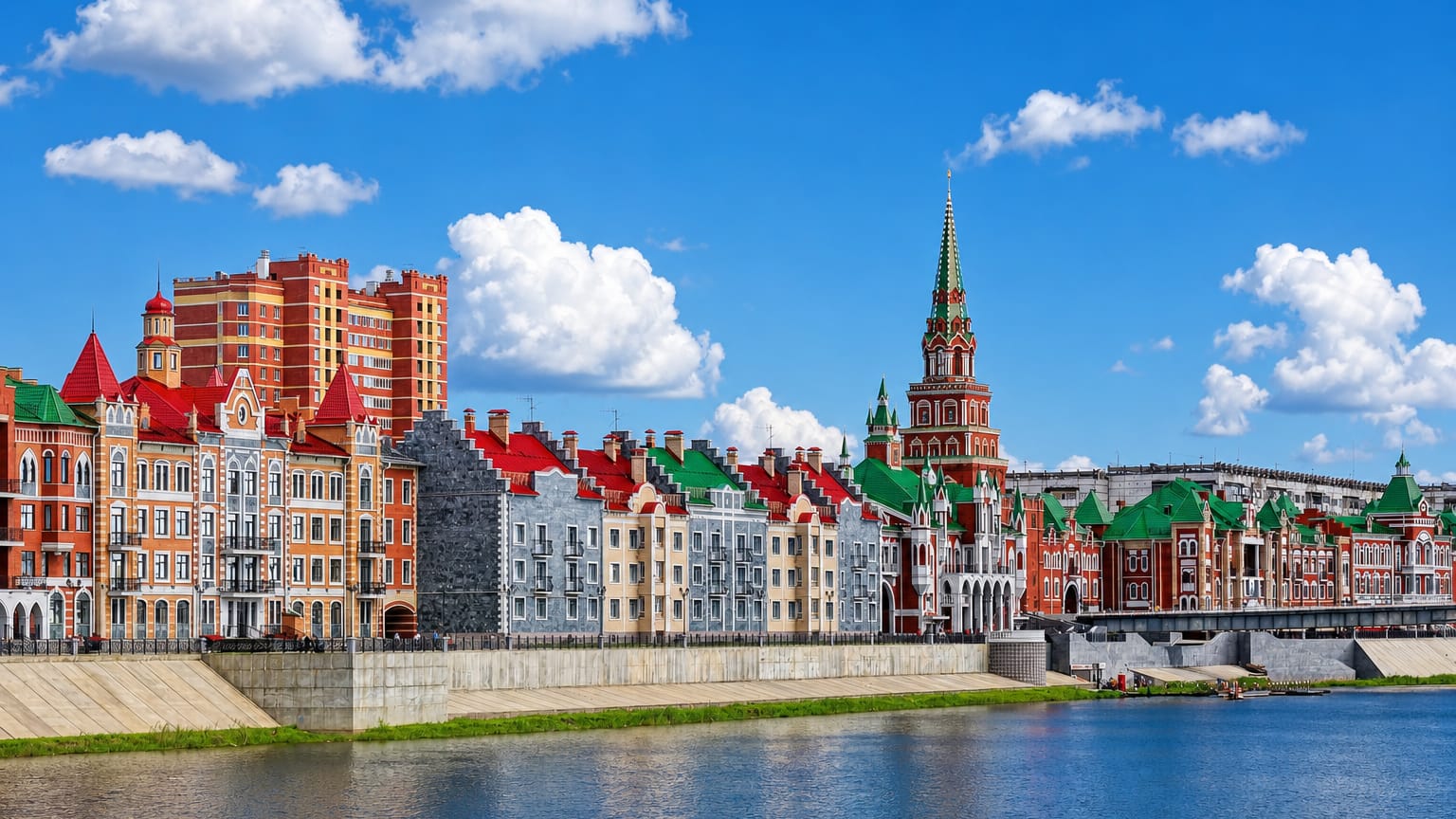 Yoshkar-Ola's Bruges Embankment, Russia, lined with colourful Flemish-style buildings along the river.