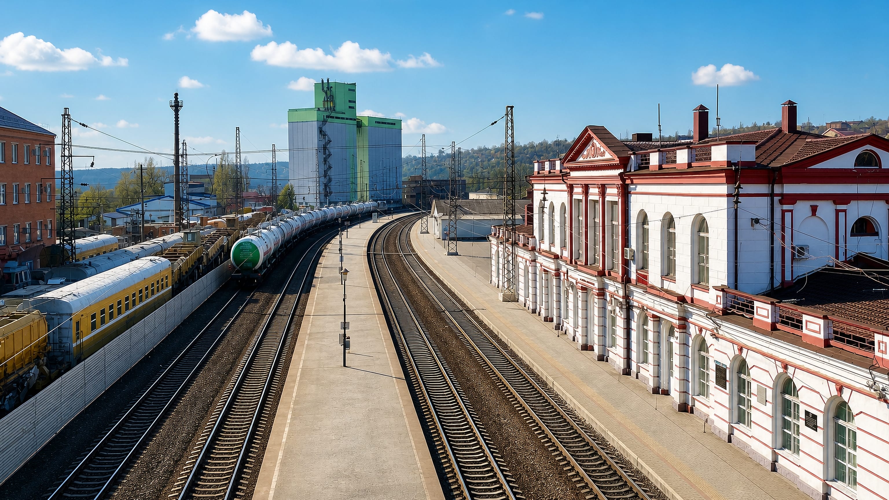 The railway station platforms, freight wagons and grain elevator at Novocherkassk in Russia's Rostov region.