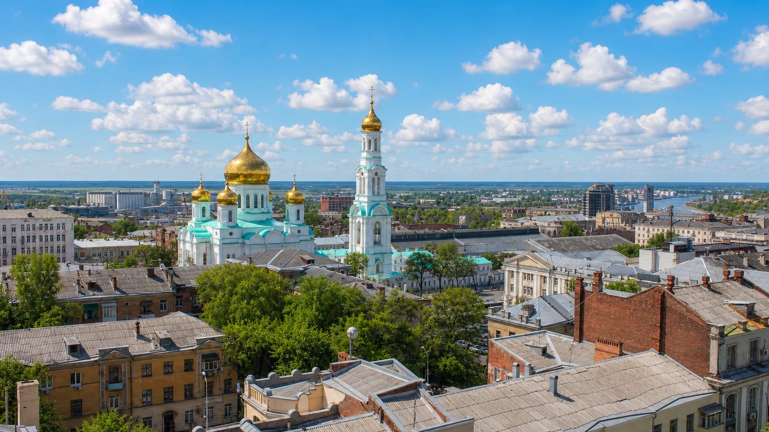 Rooftops of central Rostov-on-Don's Leninsky district with the golden-domed Nativity Cathedral and its bell tower