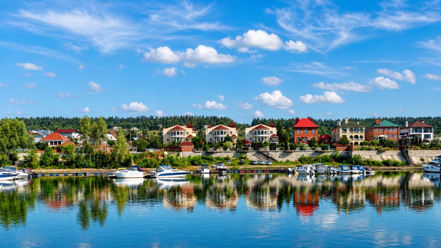 Riverside villas and a small marina with pleasure boats at Tolyatti, Russia