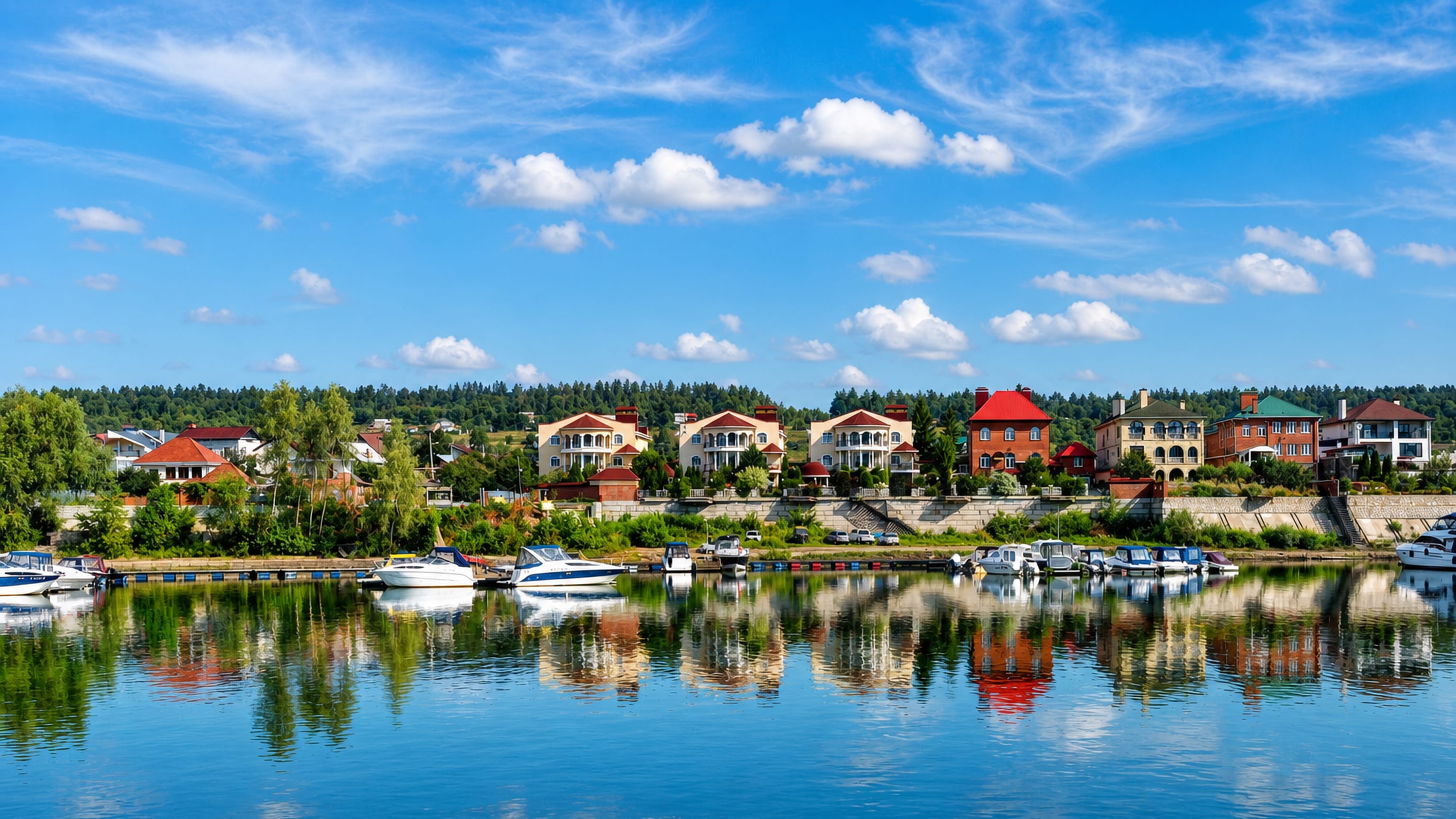 Riverside villas and a small marina with pleasure boats at Tolyatti, Russia