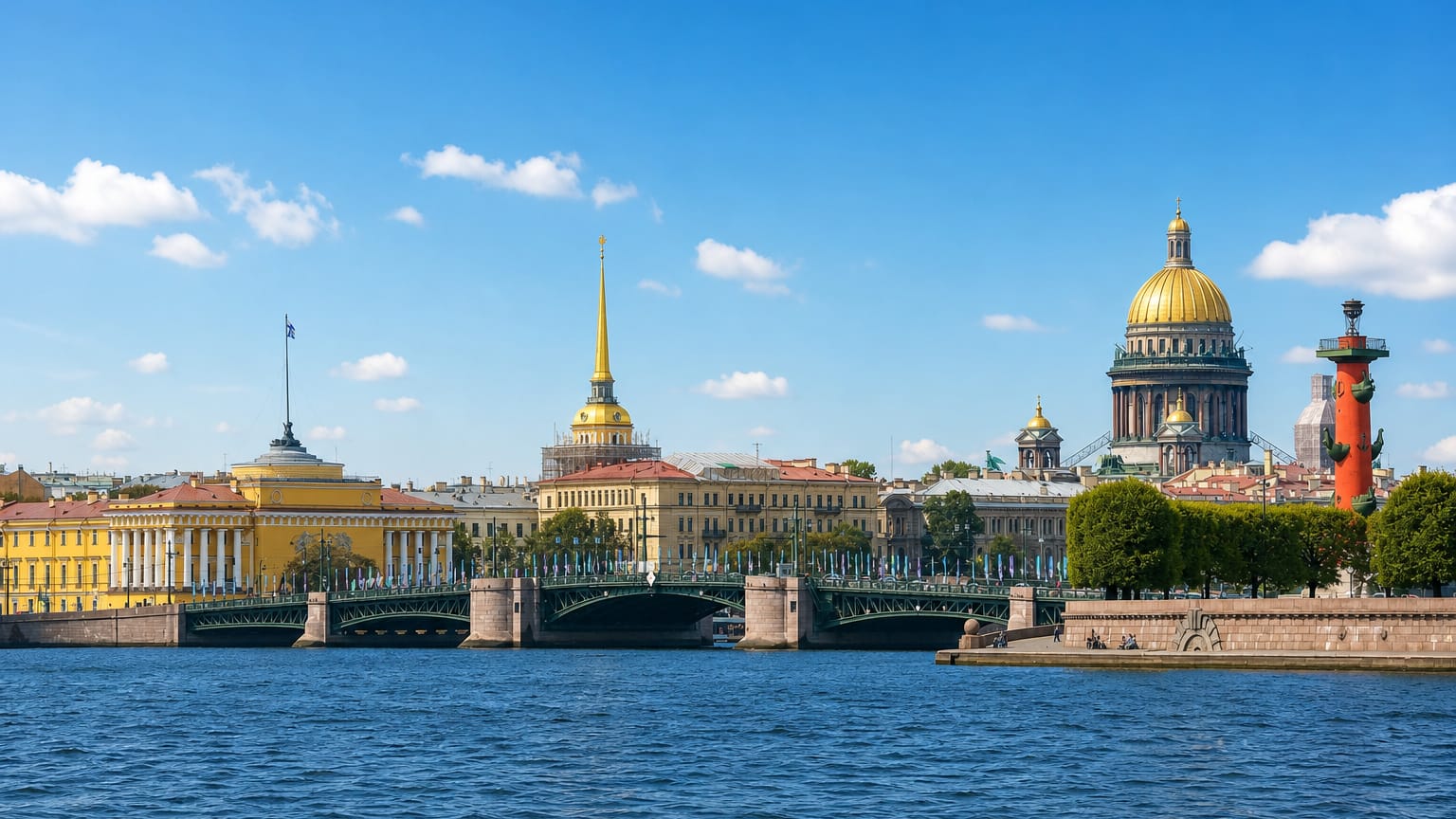 Saint Petersburg skyline over the Neva with St. Isaac's dome, the Admiralty spire and the Rostral Column