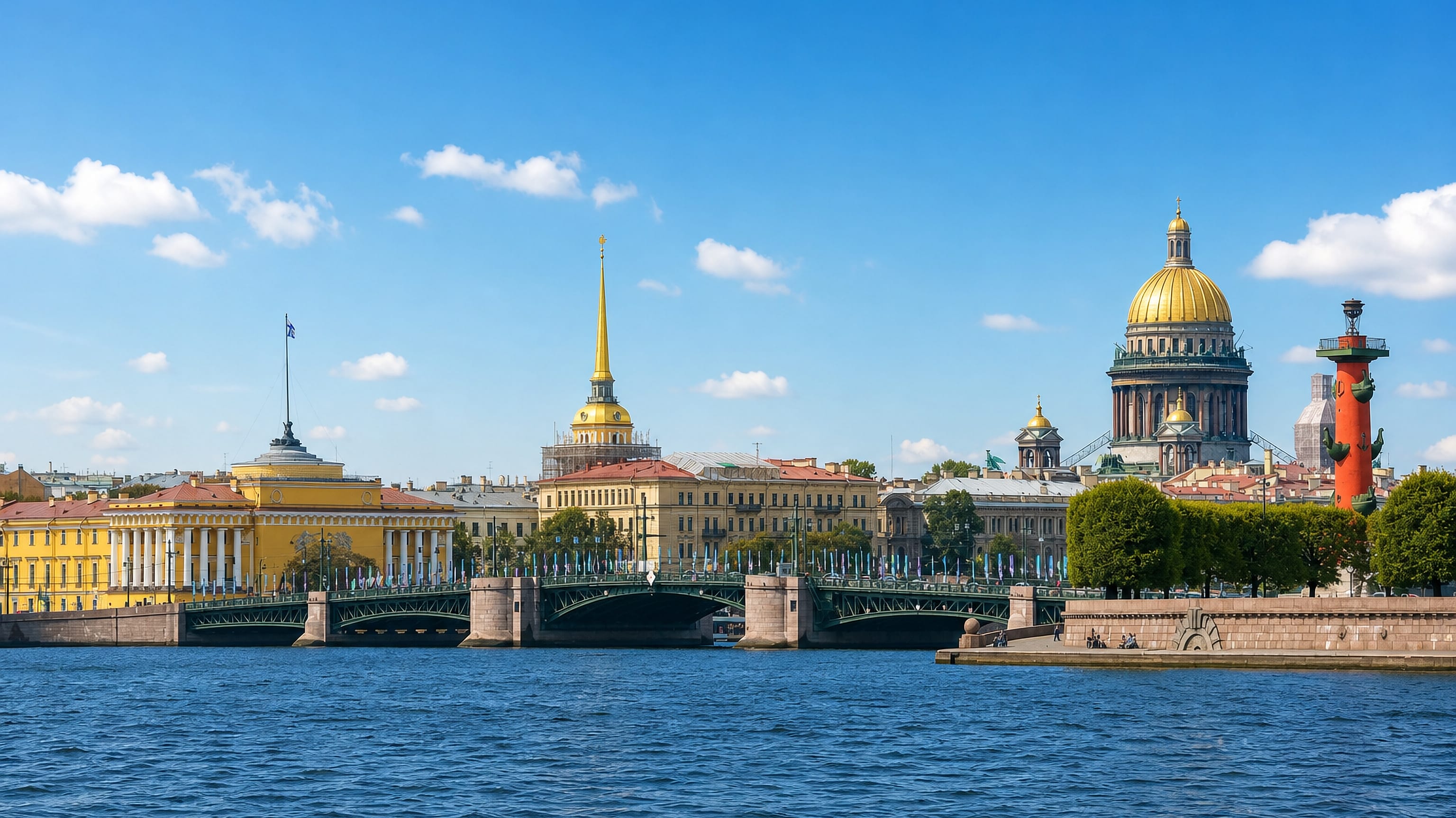 Saint Petersburg skyline over the Neva with St. Isaac's dome, the Admiralty spire and the Rostral Column