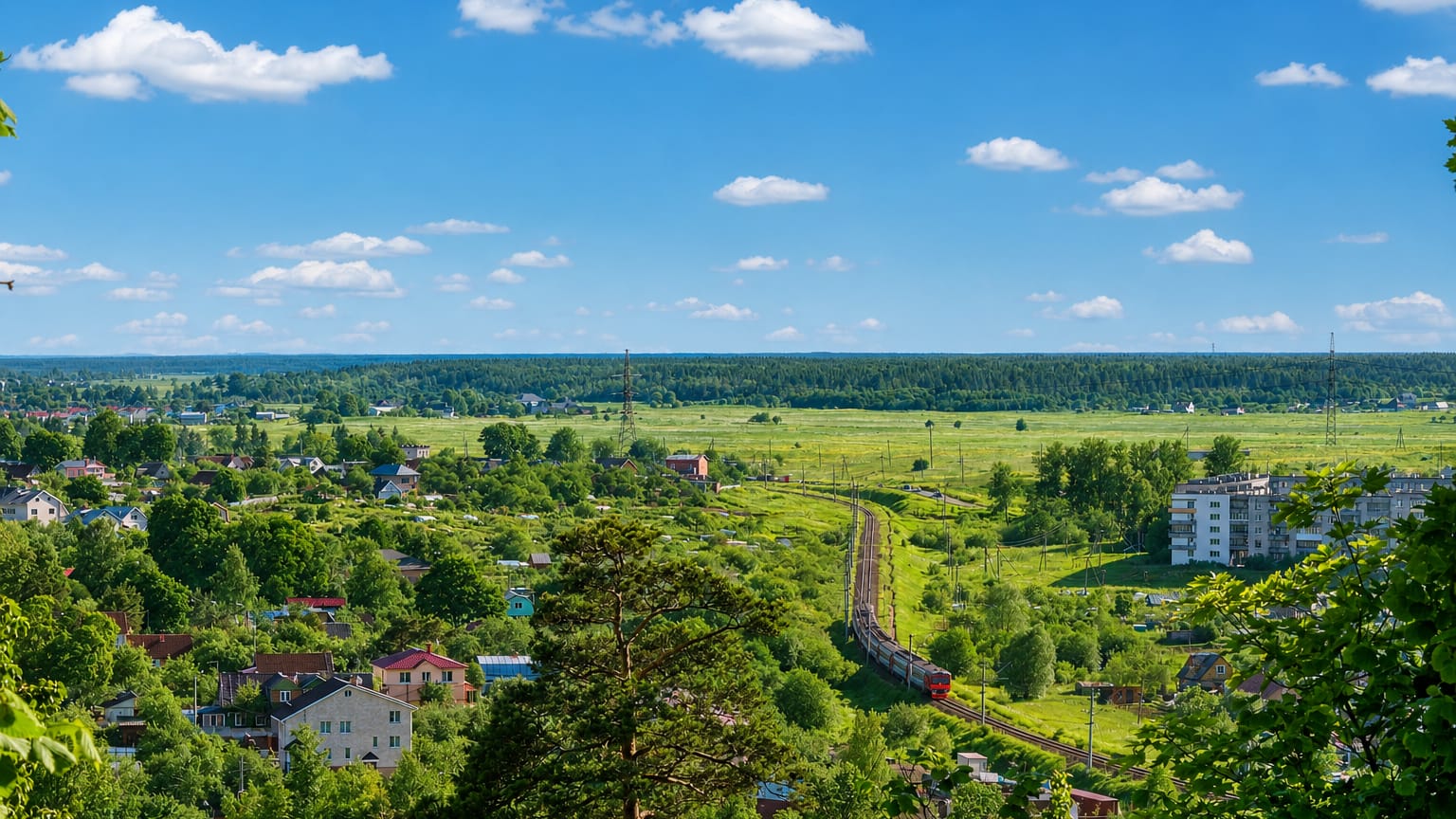 Elevated view over green suburban houses and a railway curving through fields near Krasnoye Selo, Saint Petersburg.