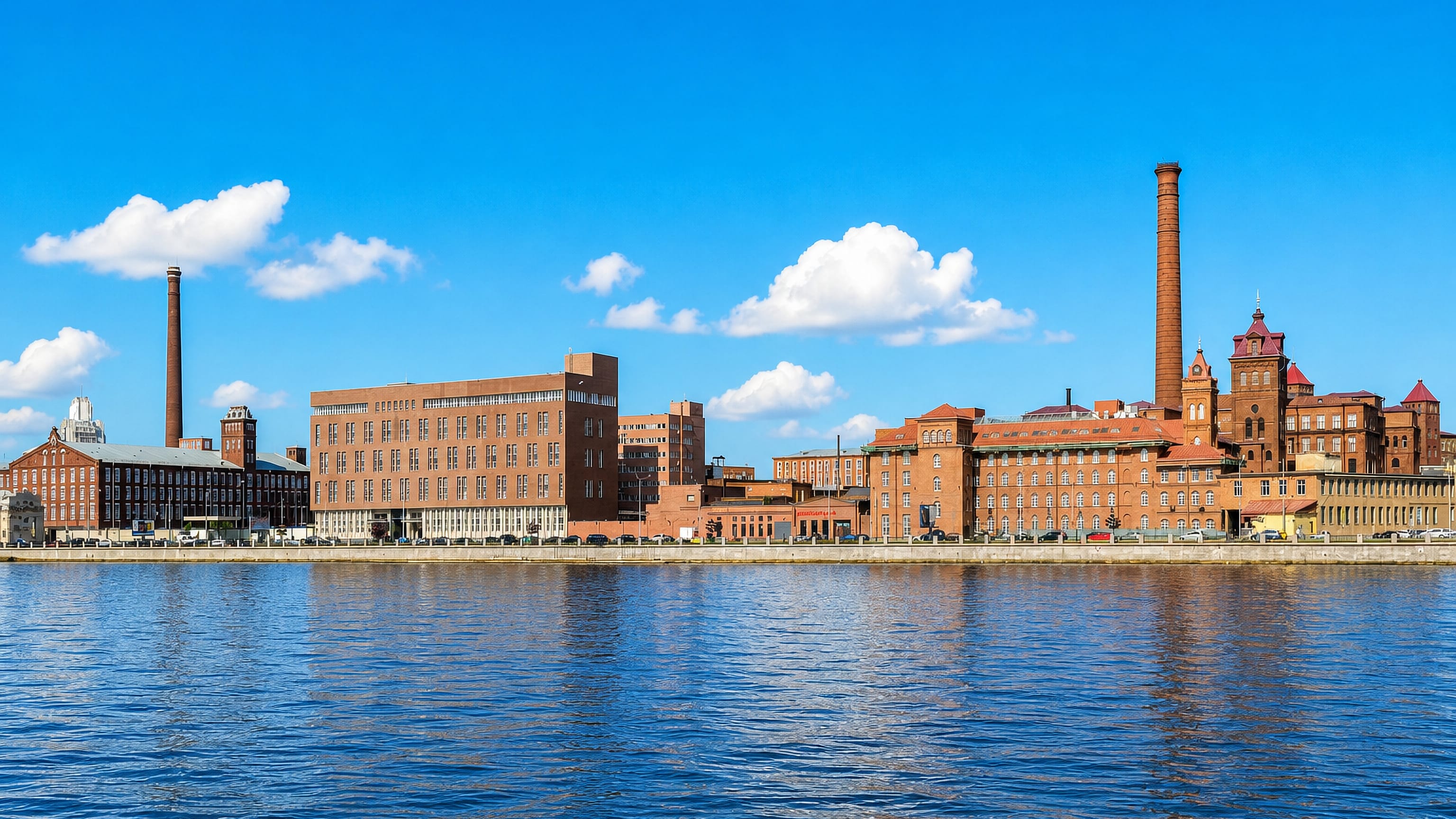Red-brick industrial buildings and chimneys along the waterfront of Sampsonievskiy, St Petersburg.
