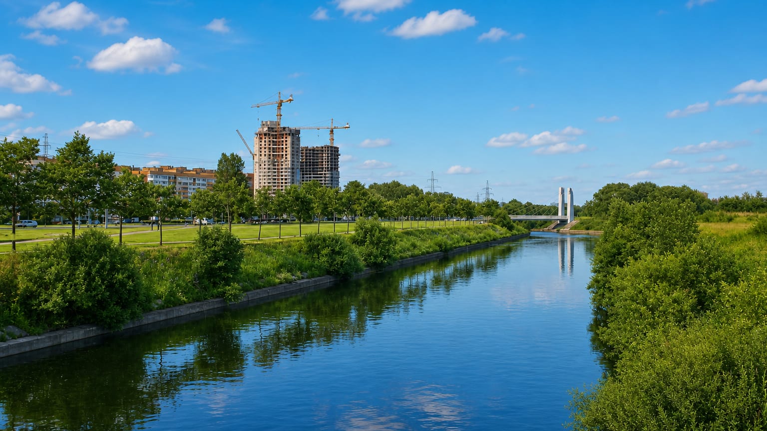 River lined with parkland and trees in Uritsk, St. Petersburg, with a high-rise under construction and a cable-stayed bridge beyond