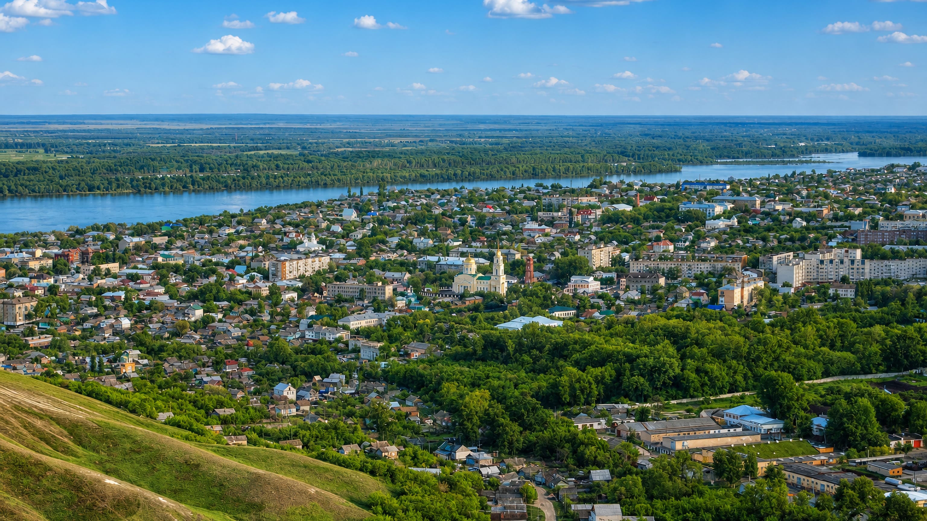 Vol'sk, Russia, seen from green hills above the Volga, with a gold-domed cathedral among low houses.