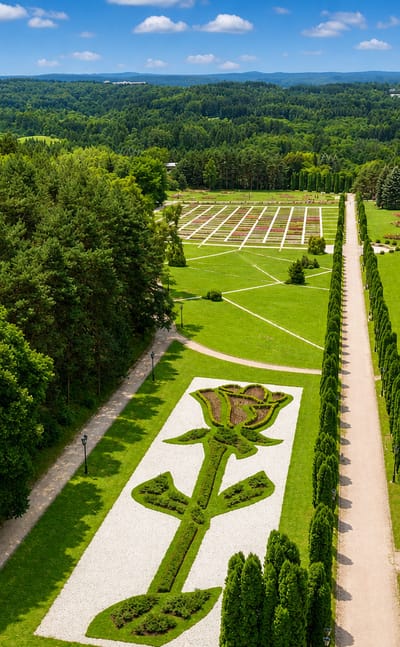 Manicured resort park with flower parterres and a tree-lined avenue at Kislovodsk, Russia