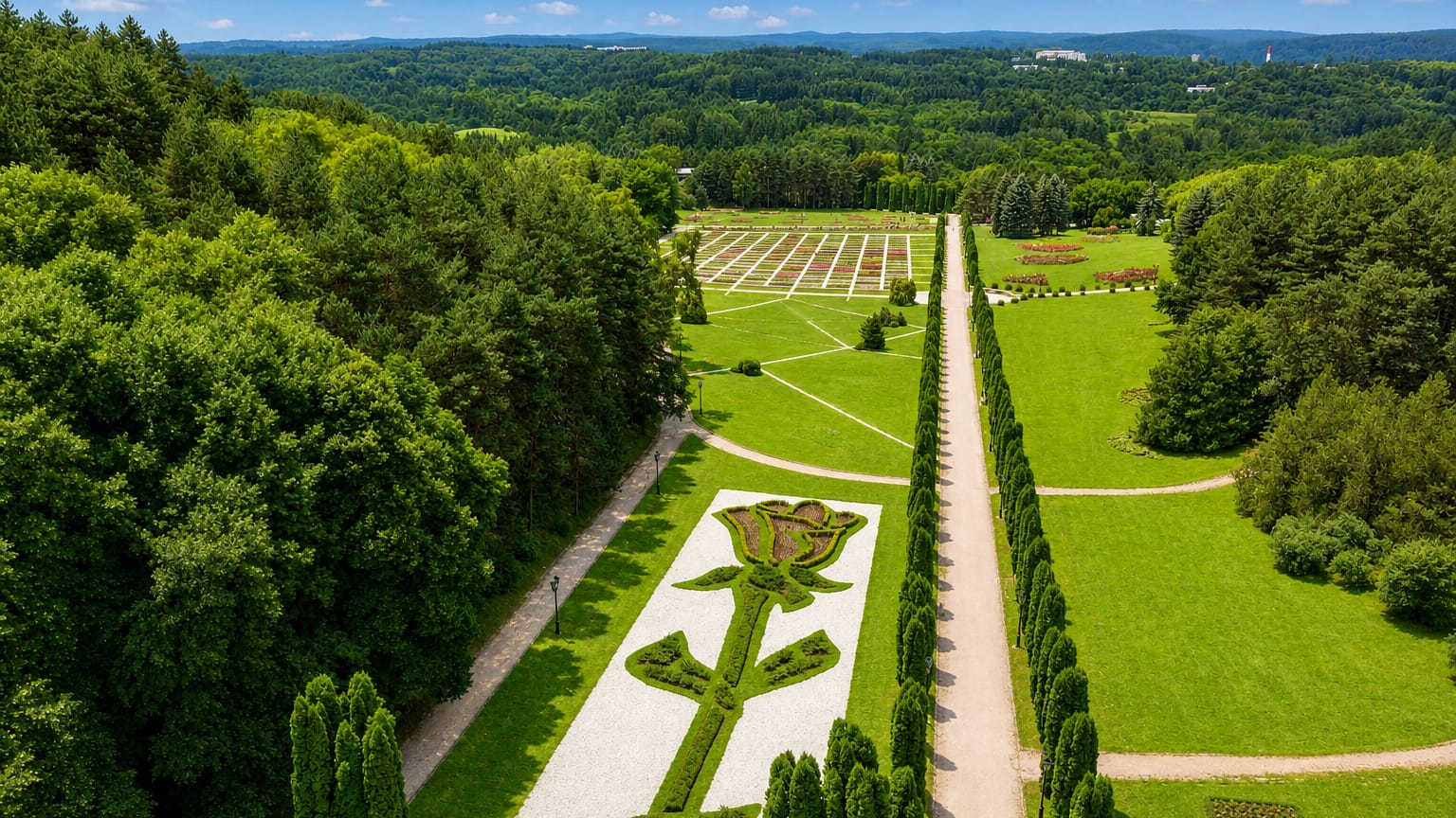Manicured resort park with flower parterres and a tree-lined avenue at Kislovodsk, Russia