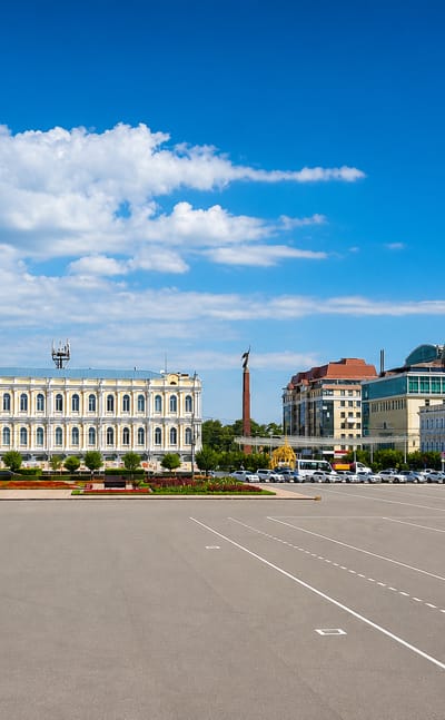 The historic classical building on the broad central Lenin Square in Stavropol, Russia, under a summer sky.